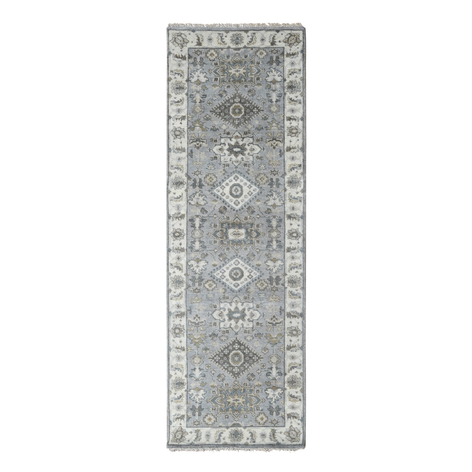 2'8"x7'10" Medium Gray, Karajeh and Geometric Design, 100% Wool, Hand Knotted, Runner Oriental Rug HR84719