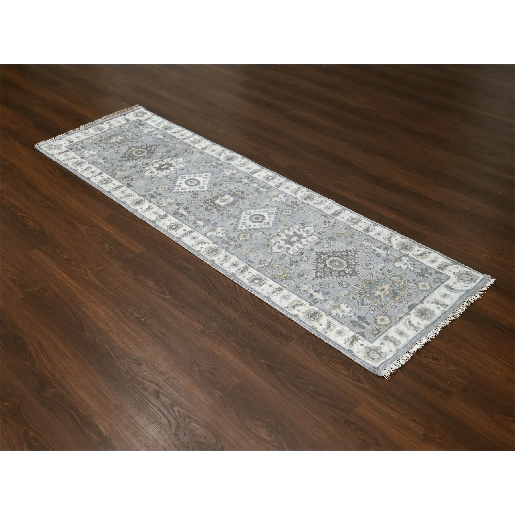 2'8"x7'10" Medium Gray, Karajeh and Geometric Design, 100% Wool, Hand Knotted, Runner Oriental Rug HR84719 - Image 2