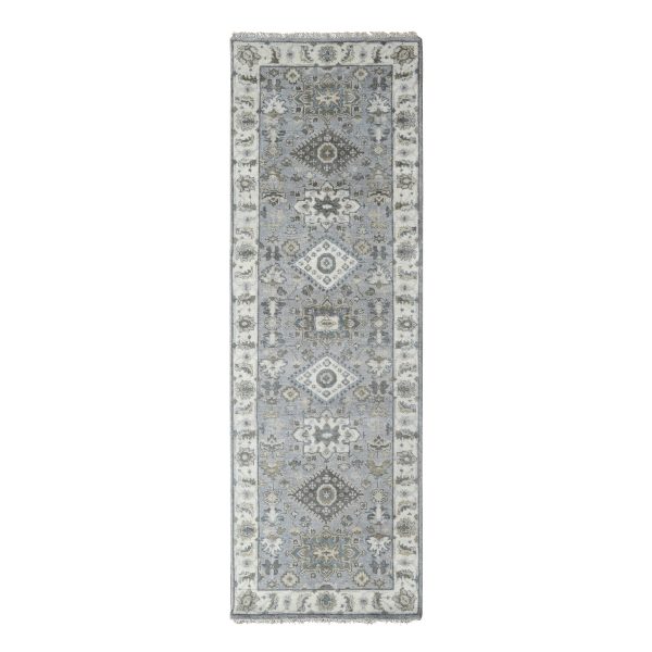 2'8"x8' Medium Gray, Karajeh and Geometric Design, Pure Wool, Hand Knotted, Runner Oriental Rug HR84721