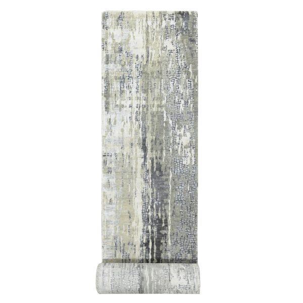 2'8"x25'7" Cloud Gray, Abstract with Mosaic Design, Wool and Silk, Hand Knotted, XL Runner Oriental Rug HR84722