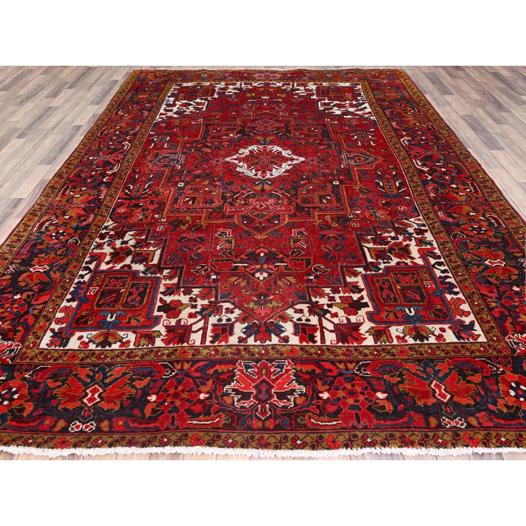8'2"x11'10" Barn Red, Vintage Persian Heriz, Good Condition, Rustic Look, Worn Wool, Hand Knotted, Oriental Rug HR85663 - Image 3