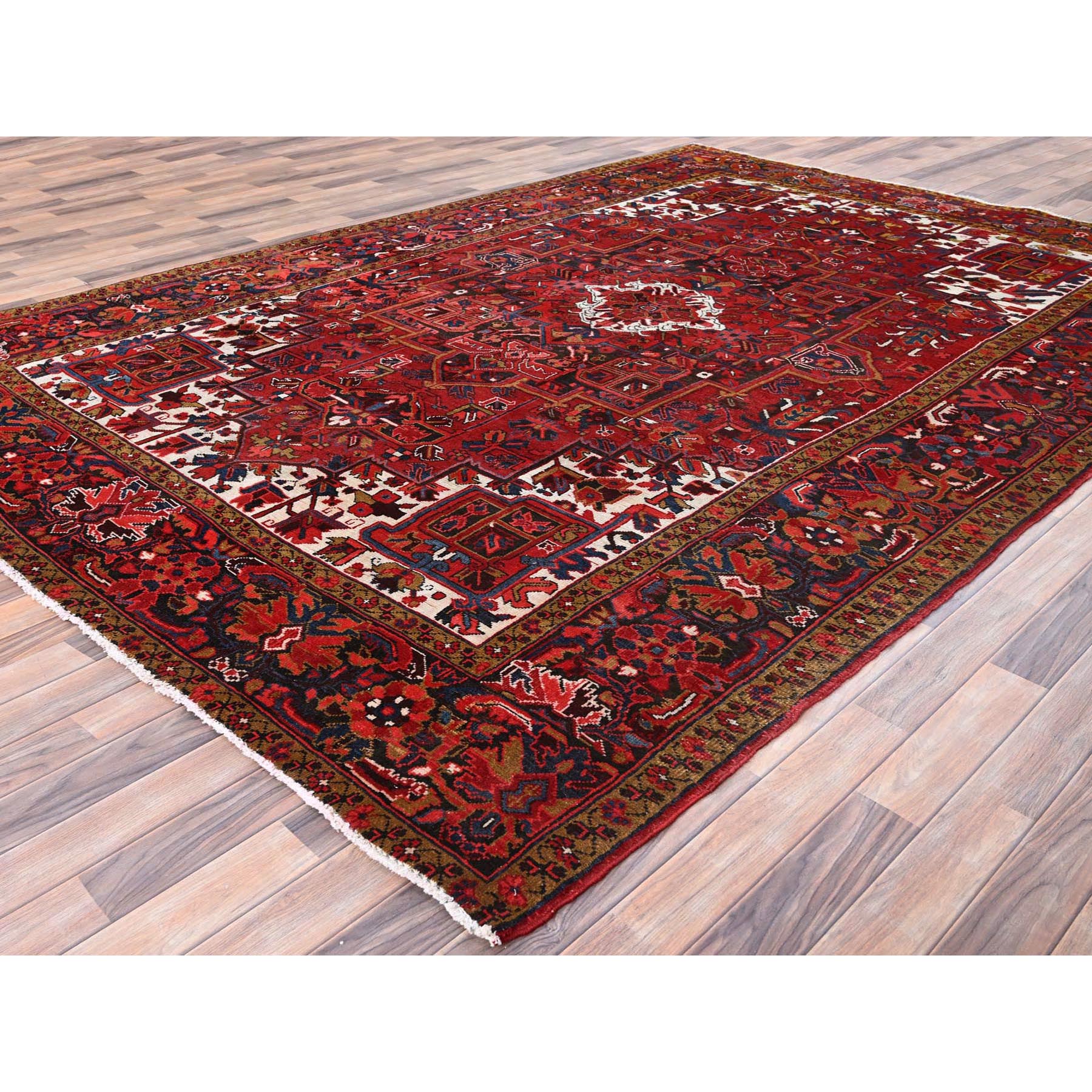 8'2"x11'10" Barn Red, Vintage Persian Heriz, Good Condition, Rustic Look, Worn Wool, Hand Knotted, Oriental Rug HR85663 - Image 4