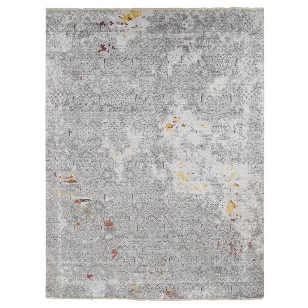 8'9"x11'10" Gainsboro Gray, Hand Knotted, Modern Broken and Erased Lotus Flower All Over Design, Wool and Silk, Oriental Rug HR87091
