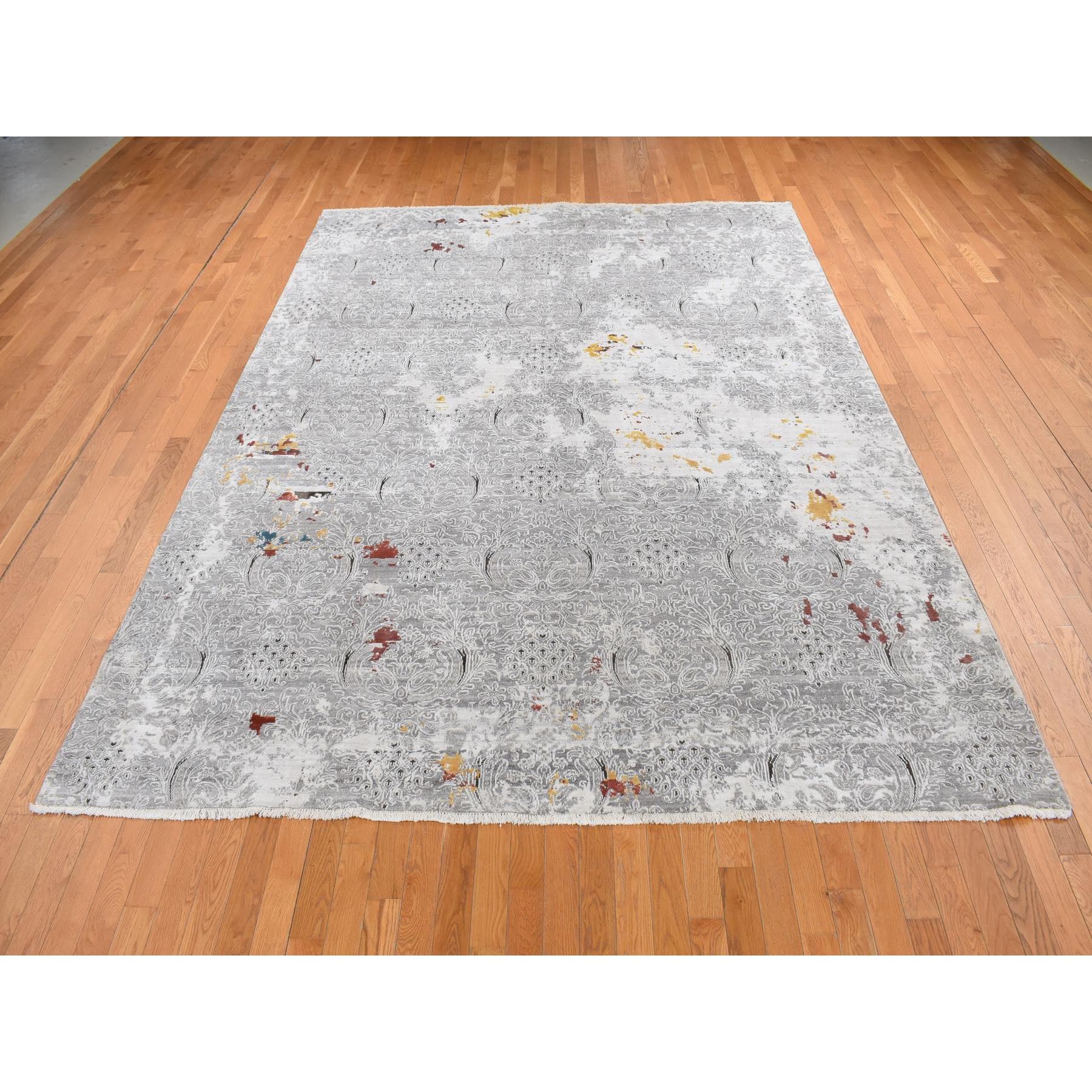 8'9"x11'10" Gainsboro Gray, Hand Knotted, Modern Broken and Erased Lotus Flower All Over Design, Wool and Silk, Oriental Rug HR87091 - Image 3