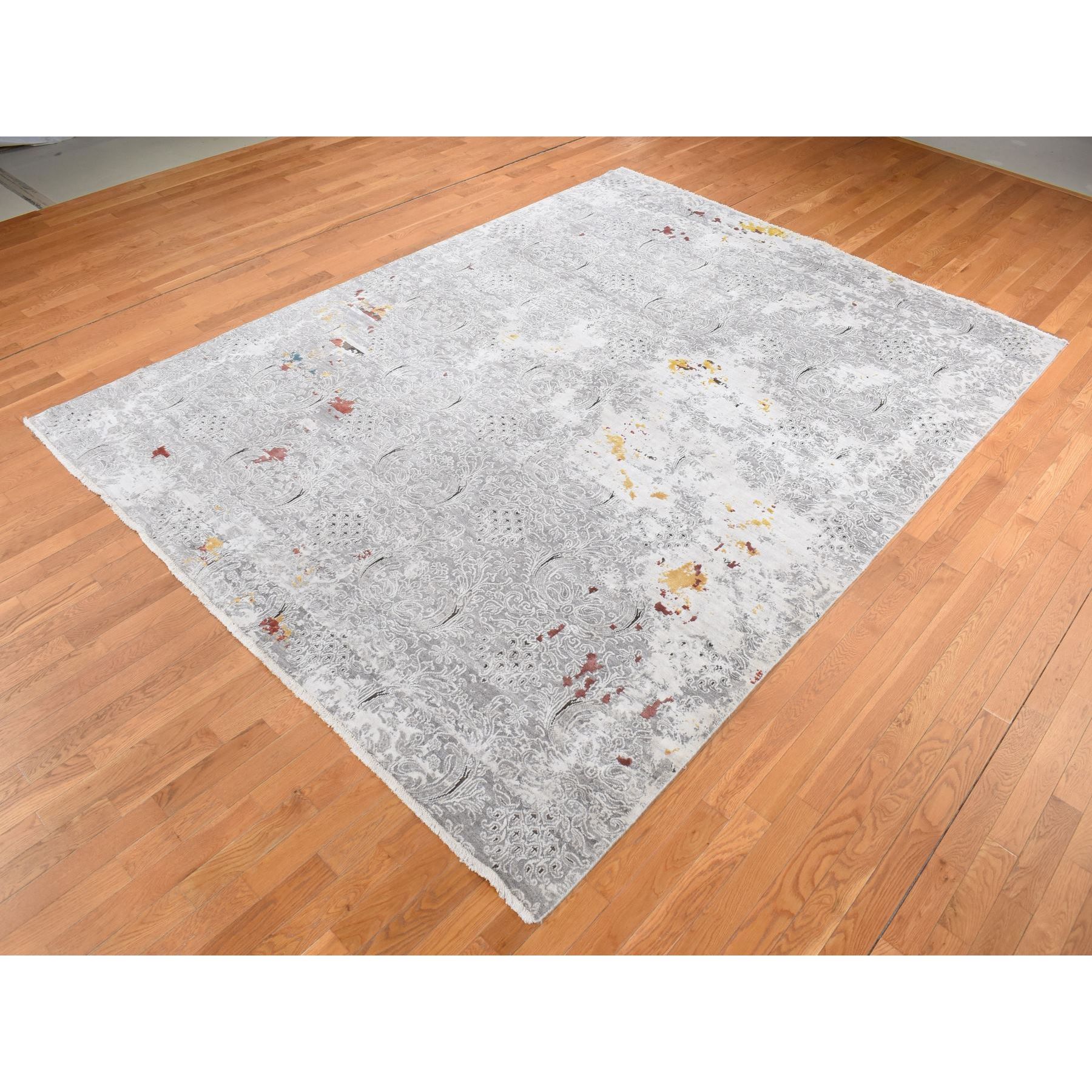 8'9"x11'10" Gainsboro Gray, Hand Knotted, Modern Broken and Erased Lotus Flower All Over Design, Wool and Silk, Oriental Rug HR87091 - Image 4