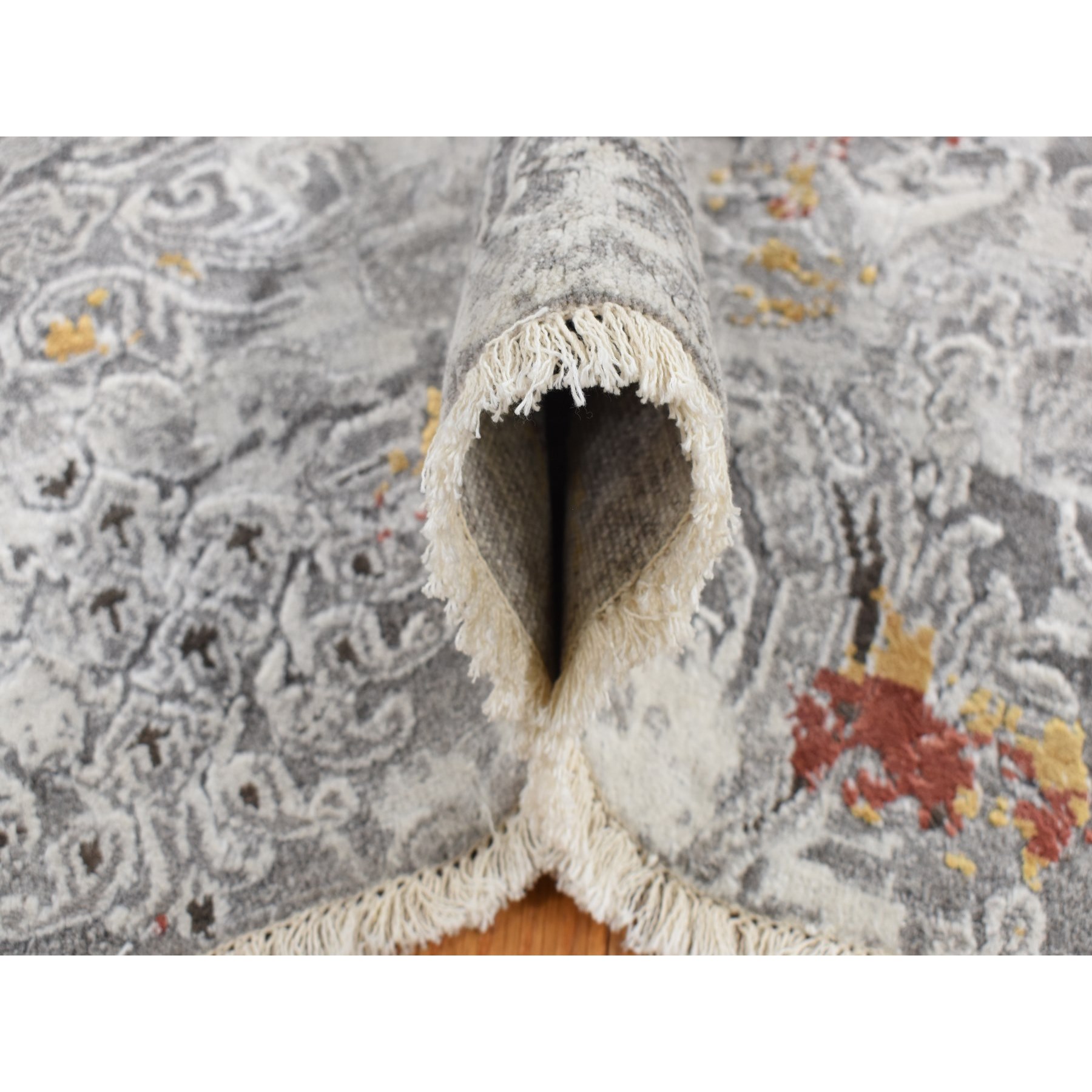 8'9"x11'10" Gainsboro Gray, Hand Knotted, Modern Broken and Erased Lotus Flower All Over Design, Wool and Silk, Oriental Rug HR87091 - Image 7