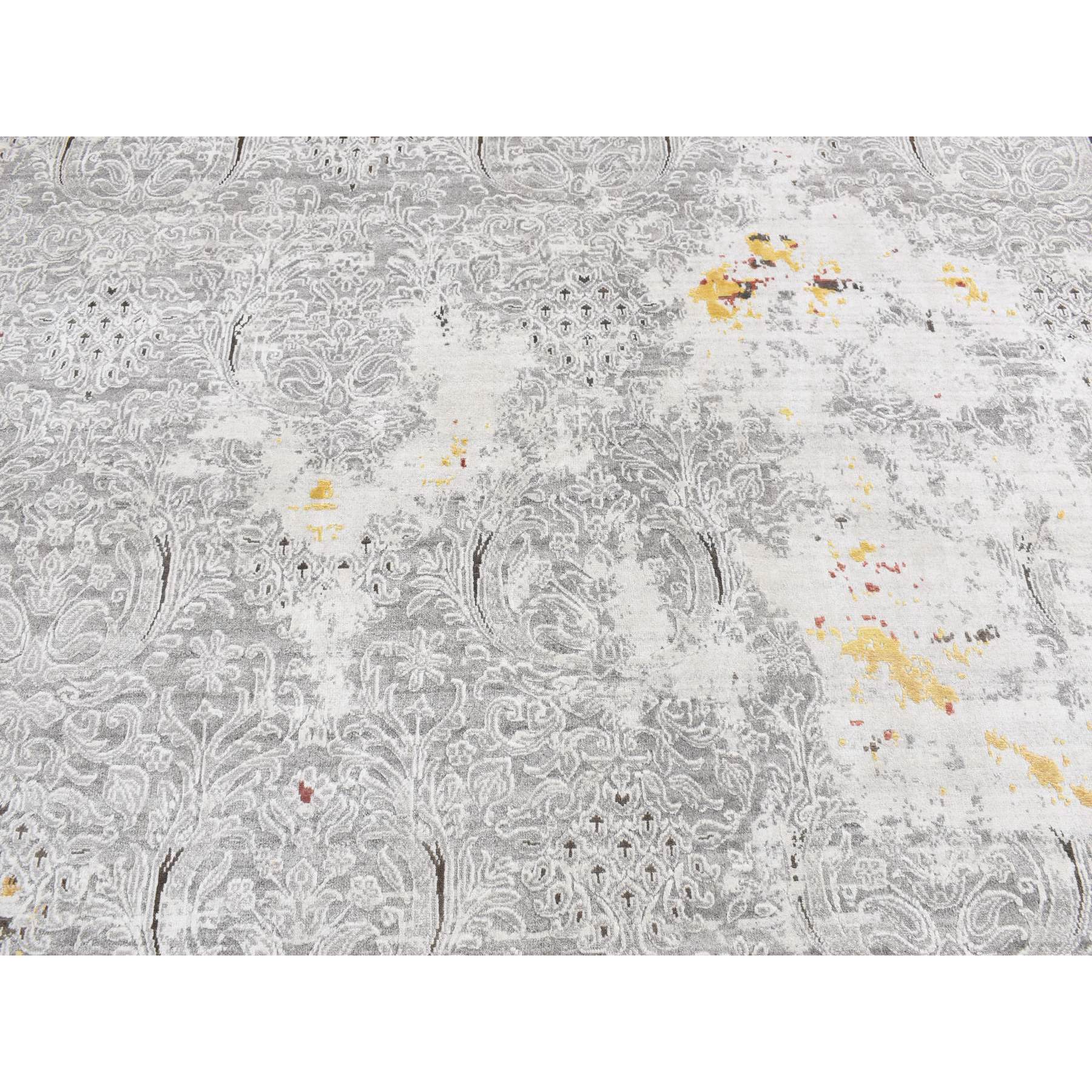8'9"x11'10" Gainsboro Gray, Hand Knotted, Modern Broken and Erased Lotus Flower All Over Design, Wool and Silk, Oriental Rug HR87091 - Image 9