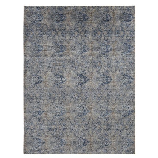 8'9"x12' Wolf Gray, Broken and Erased Geometric Rosette Design, Wool and Silk, Hand Knotted, Oriental Rug HR87095