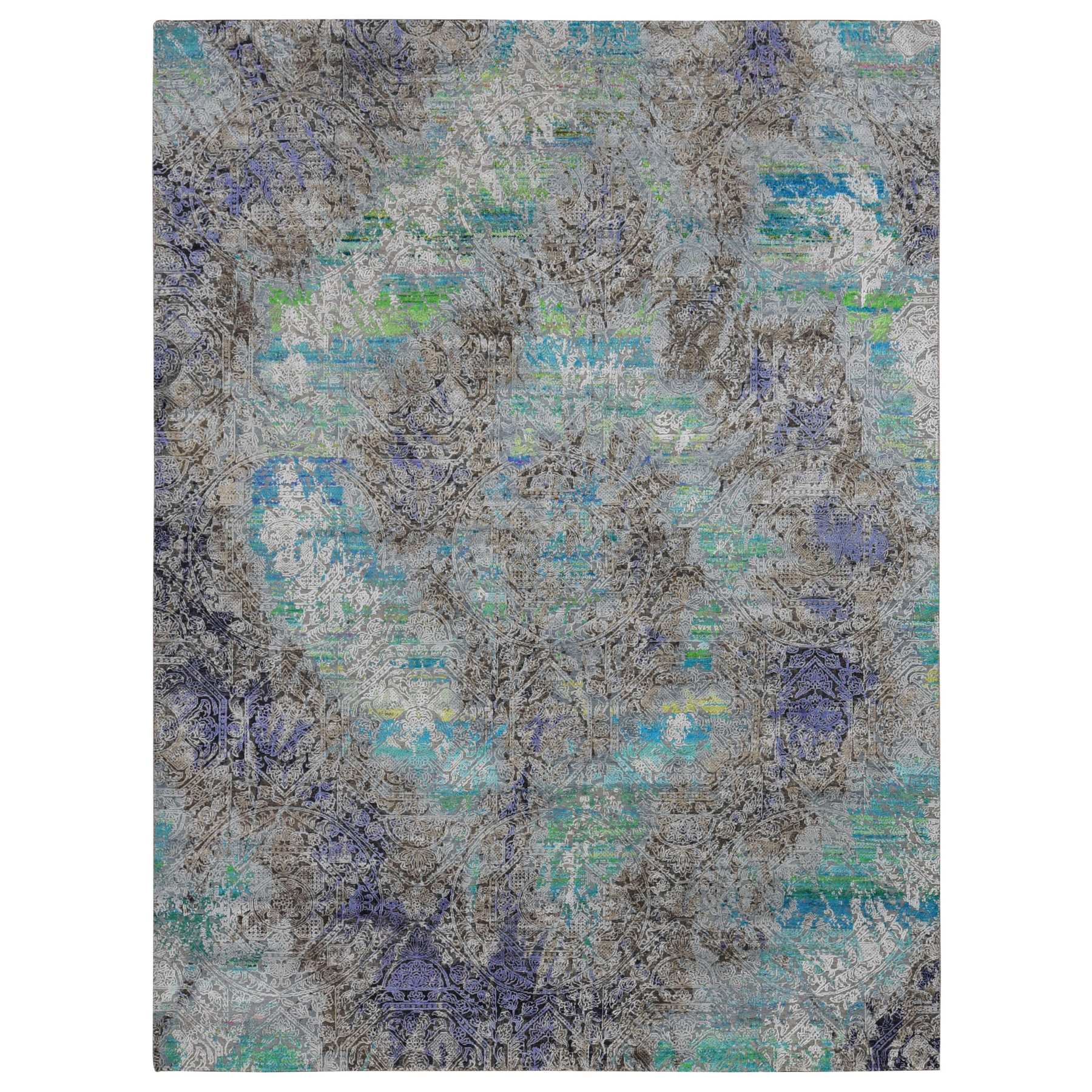8'9"x11'10" Battleship Gray, Diminishing Coins, Sari Silk with Textured Wool, Hand Knotted, Oriental Rug HR87097