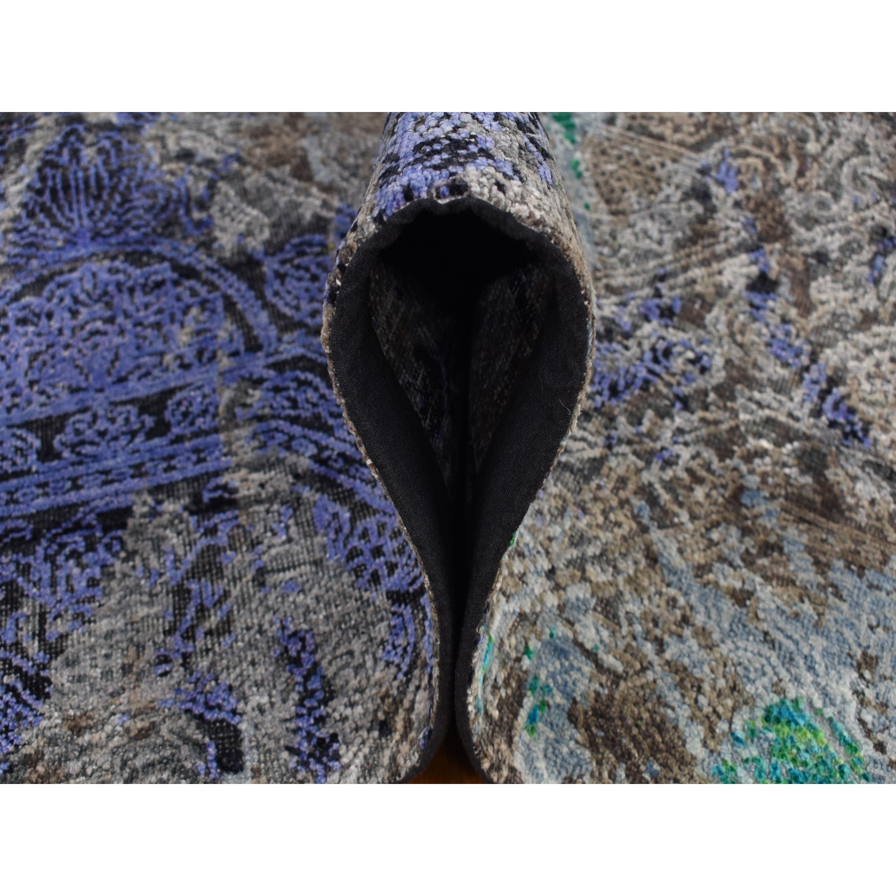 8'9"x11'10" Battleship Gray, Diminishing Coins, Sari Silk with Textured Wool, Hand Knotted, Oriental Rug HR87097 - Image 7