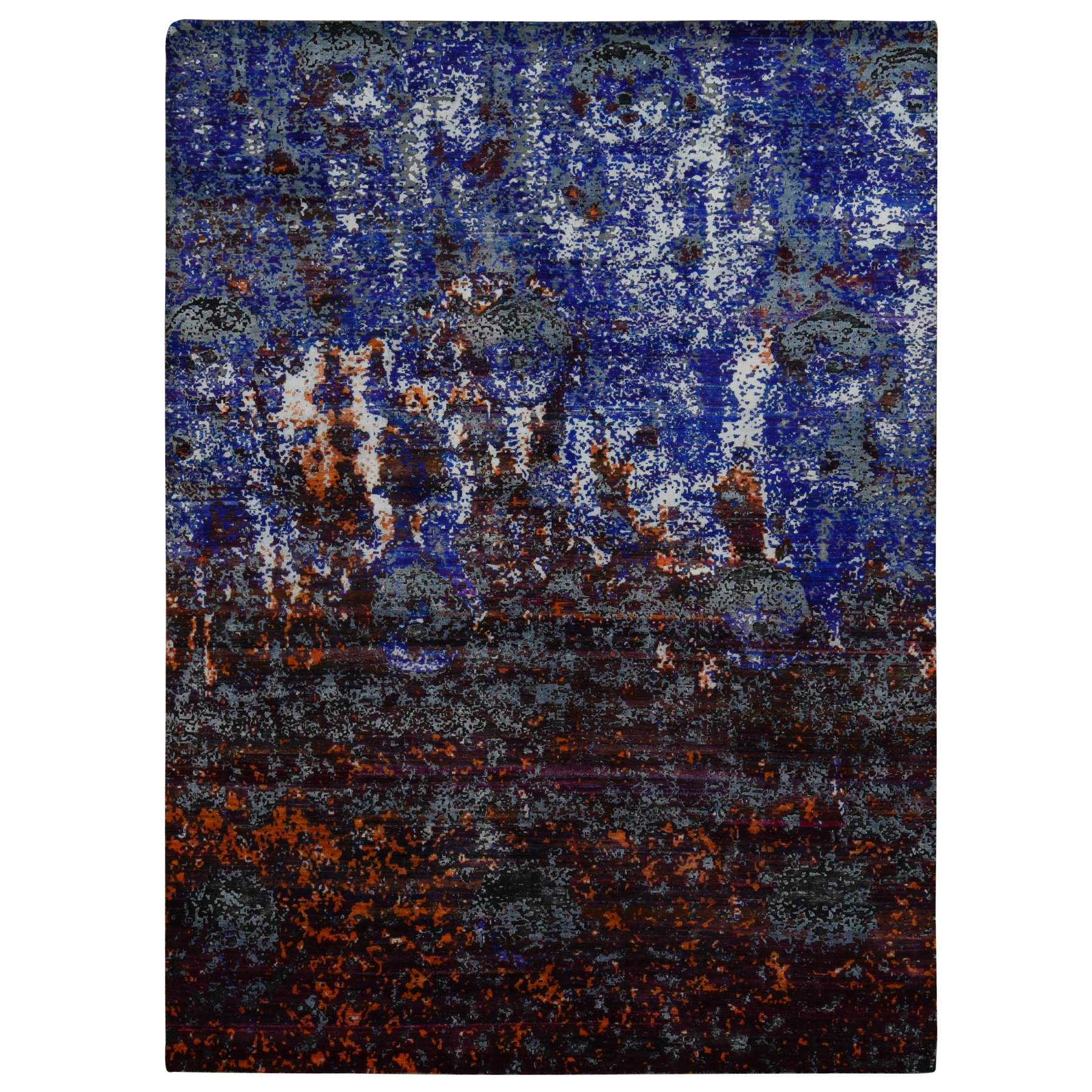 8'10"x12' Sapphire Blue, Hand Knotted, Galactical Modern Design, Sari Silk and Textured Pile, Oriental Rug HR87098