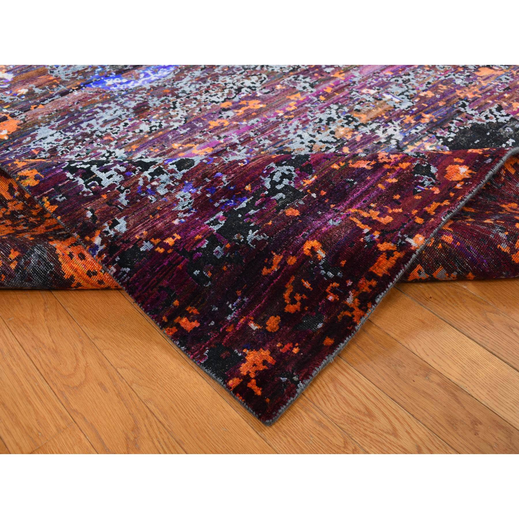 8'10"x12' Sapphire Blue, Hand Knotted, Galactical Modern Design, Sari Silk and Textured Pile, Oriental Rug HR87098 - Image 6