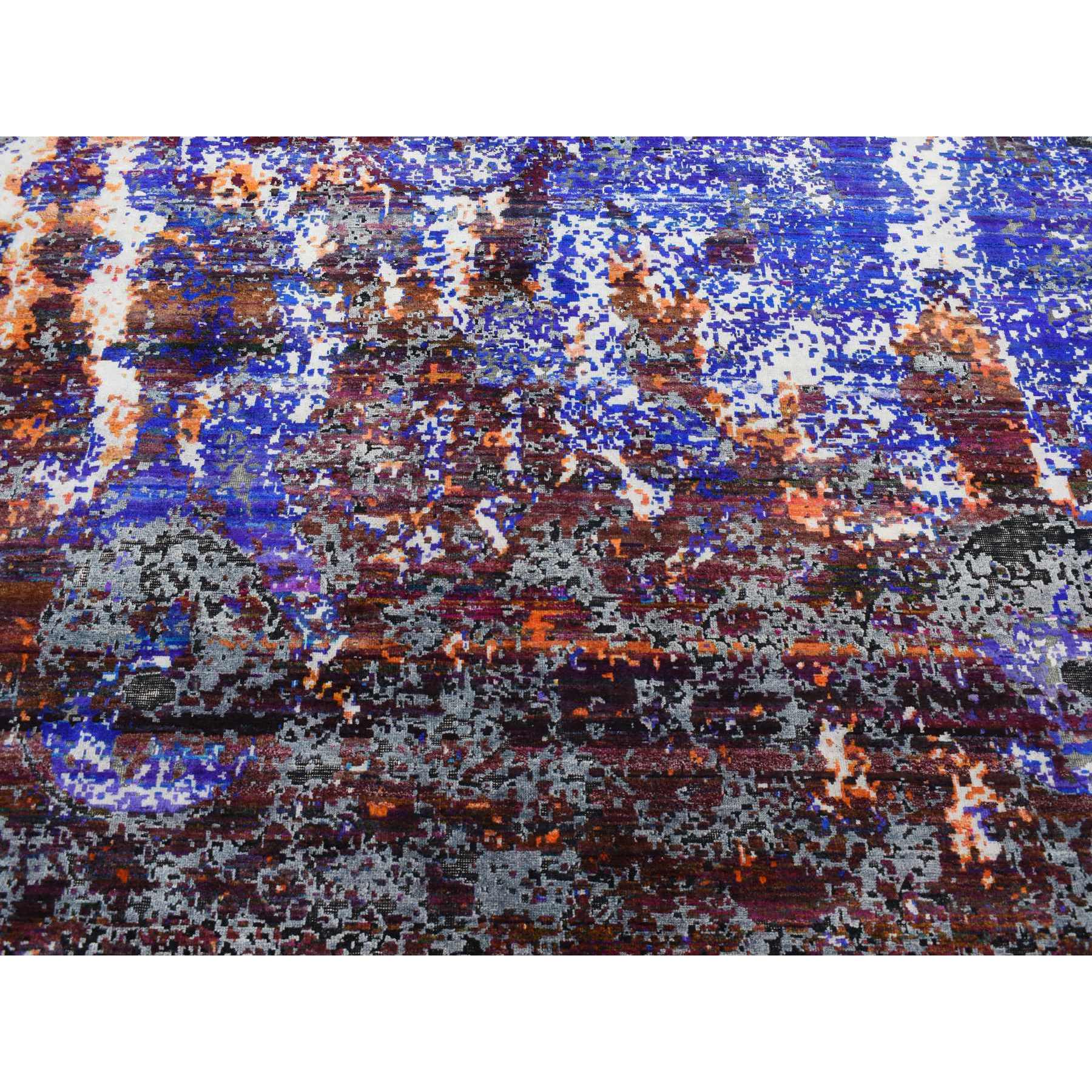 8'10"x12' Sapphire Blue, Hand Knotted, Galactical Modern Design, Sari Silk and Textured Pile, Oriental Rug HR87098 - Image 9