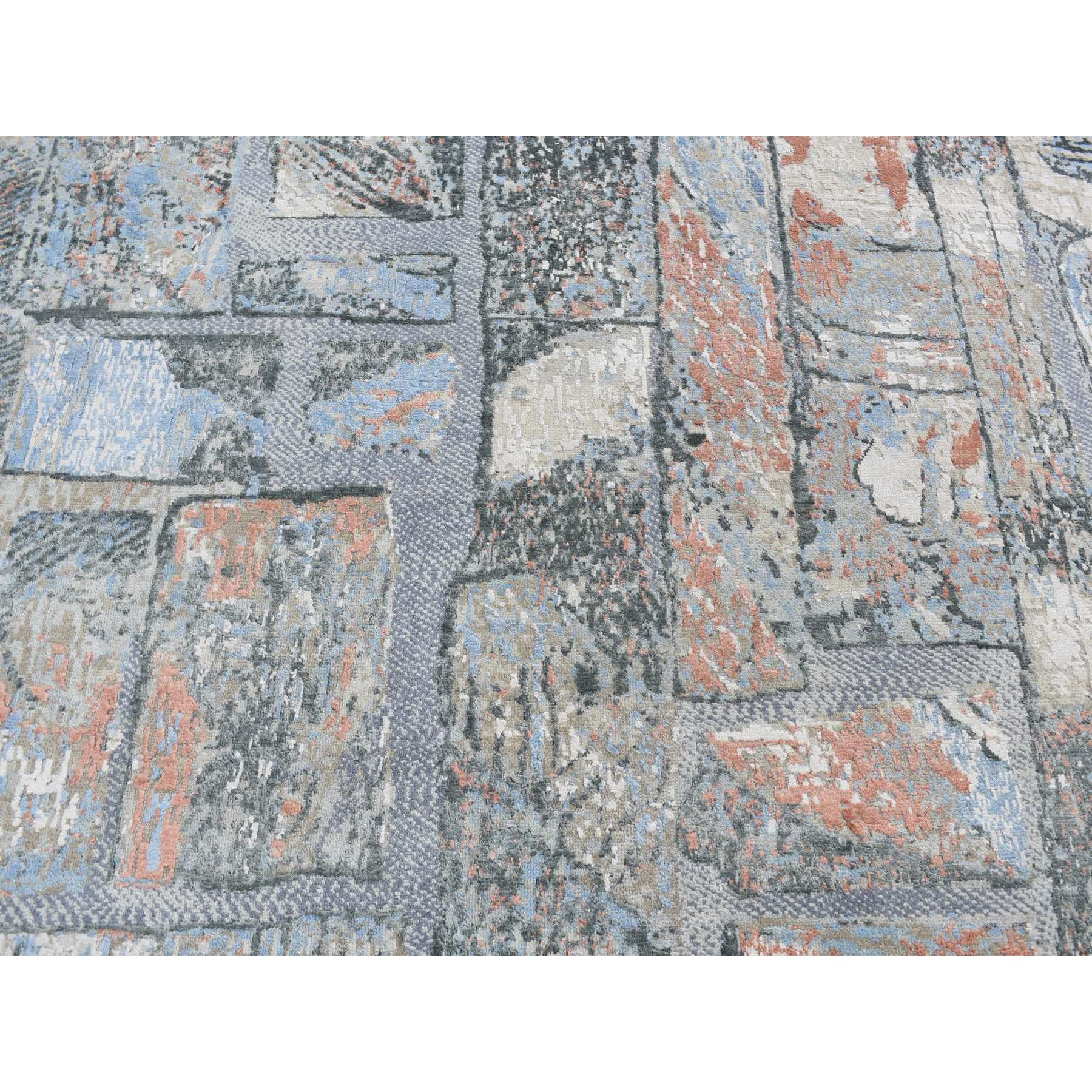 9'x12'2" Ruddy Blue, Modern Brick Design, Thick and Plush, Hand Knotted, Wool and Real Silk, Oriental Rug HR87102 - Image 9