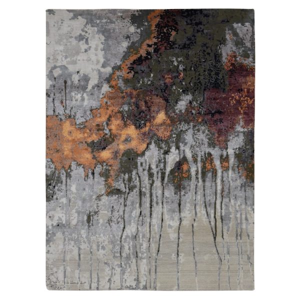 8'10"x12'3" Agreeable Gray, Abstract Dripping Design, Wool and Pure Silk, Hand Knotted, Oriental Rug HR87114