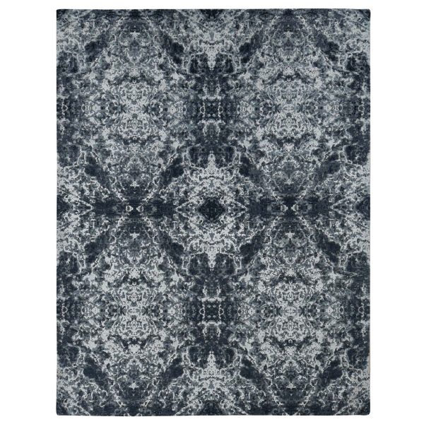 9'2''x12' Metal Black, Hand Knotted, Wool and Silk, Modern Abstract Tie Dye Design, Oriental Rug HR87119