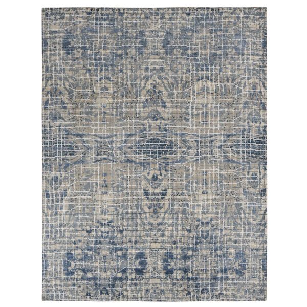9'1"x12'2" Queen blue, Fence Obscured Design, Silk with Textured Wool, Hand Knotted, Oriental Rug HR87122