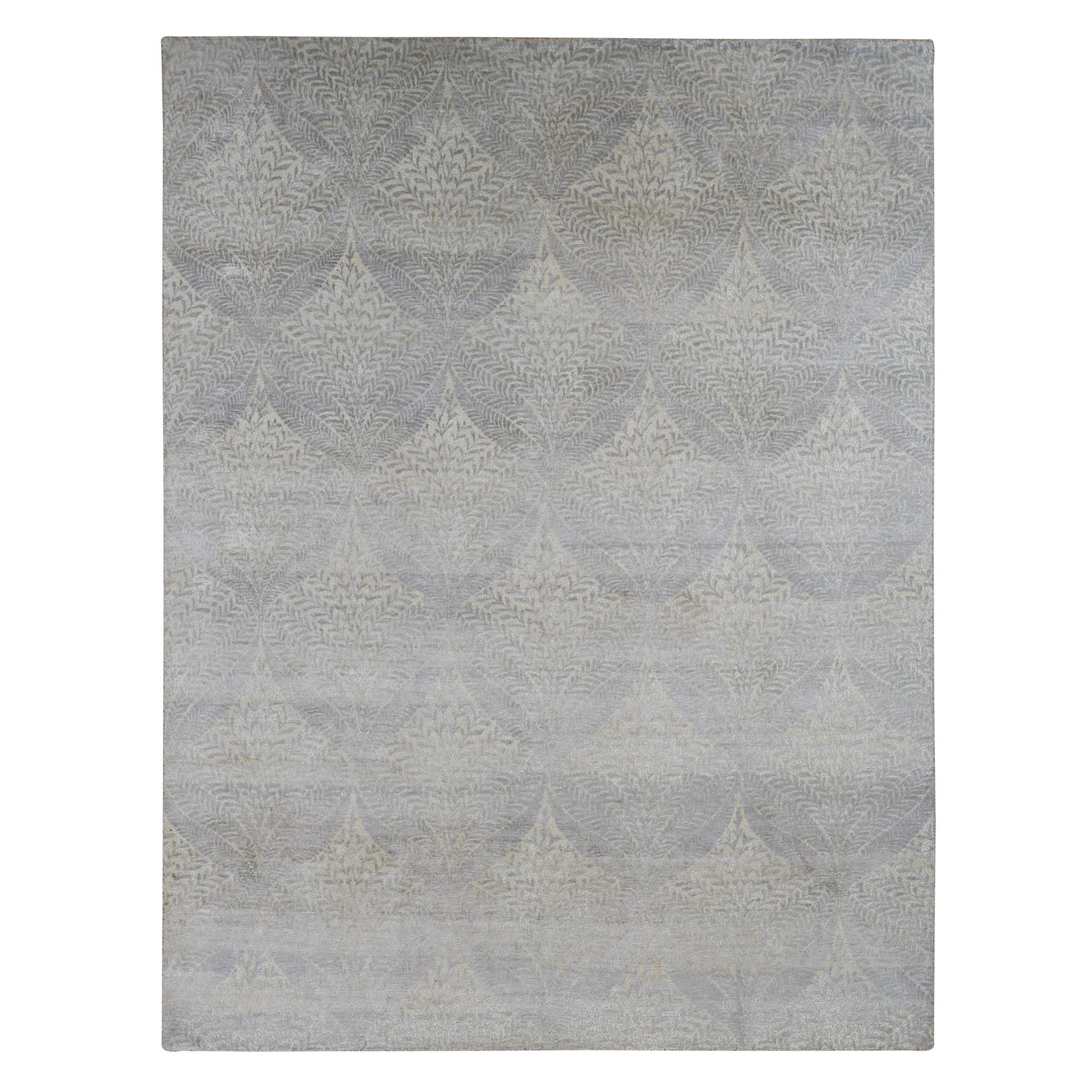 8'10"x12'1" Silver Gray, Gold Leaf Design, Tone on Tone, Pure Silk, Hand Knotted, Oriental Rug HR87124
