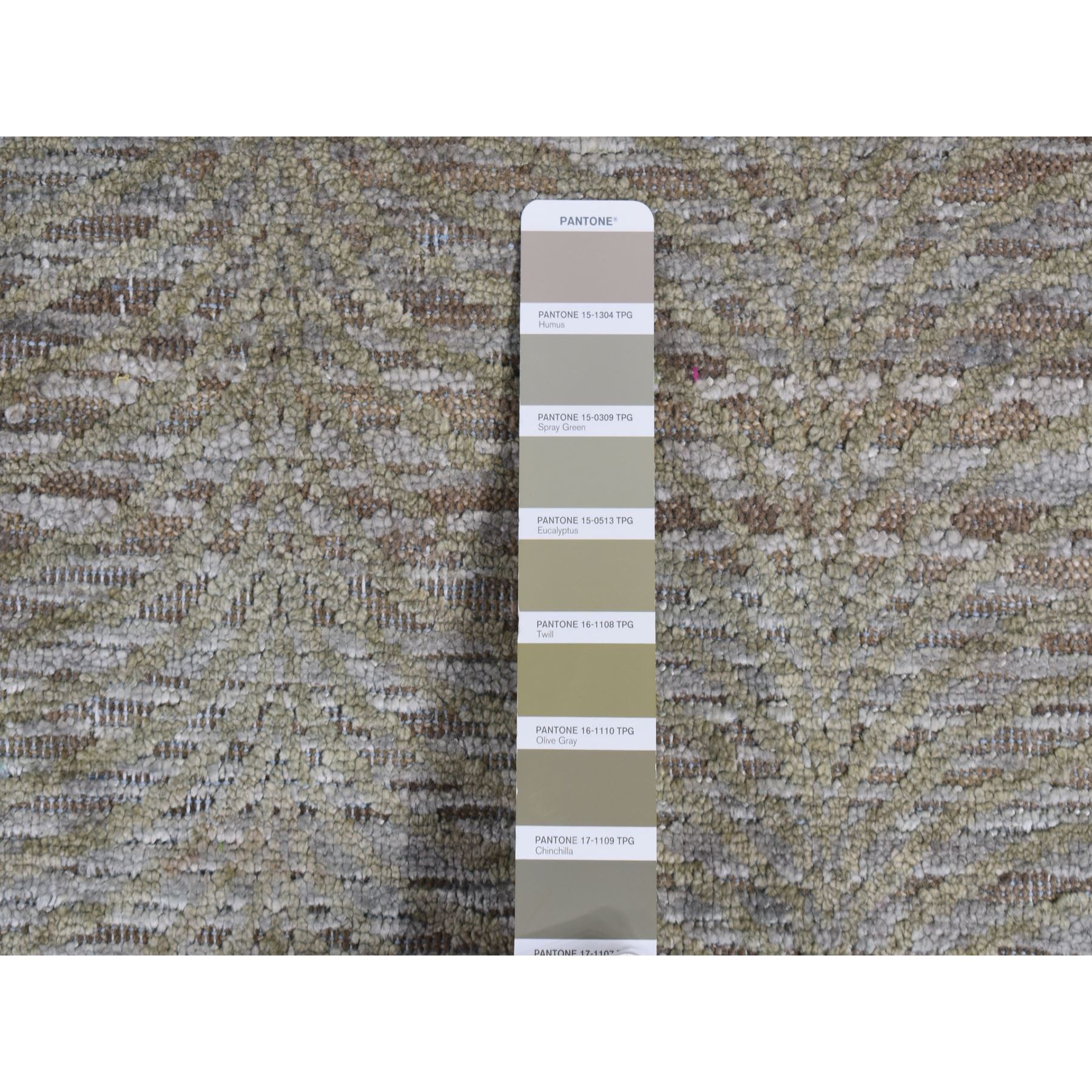 9'x12' Olive Green, Tone on Tone Leaf Design, Silk with Distressed Textured Wool, Hand Knotted, Oriental Rug HR87126 - Image 8