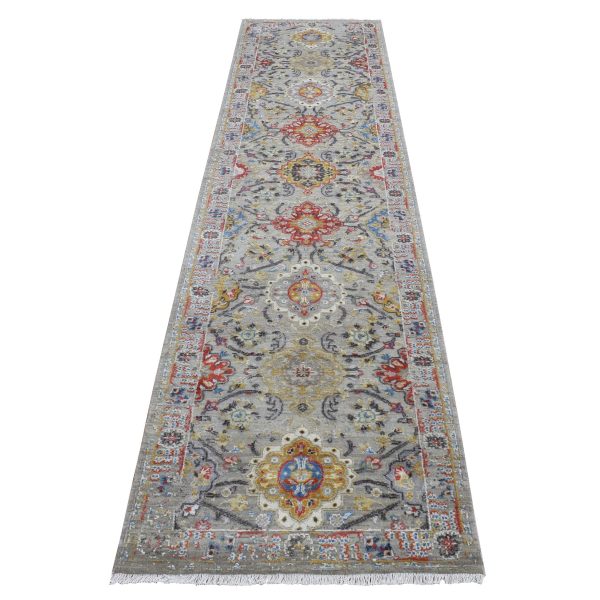 2'6"x10' Medium Gray, THE SUNSET ROSETTES, Pure Silk and Wool, Hand Knotted, Runner Oriental Rug HR87285