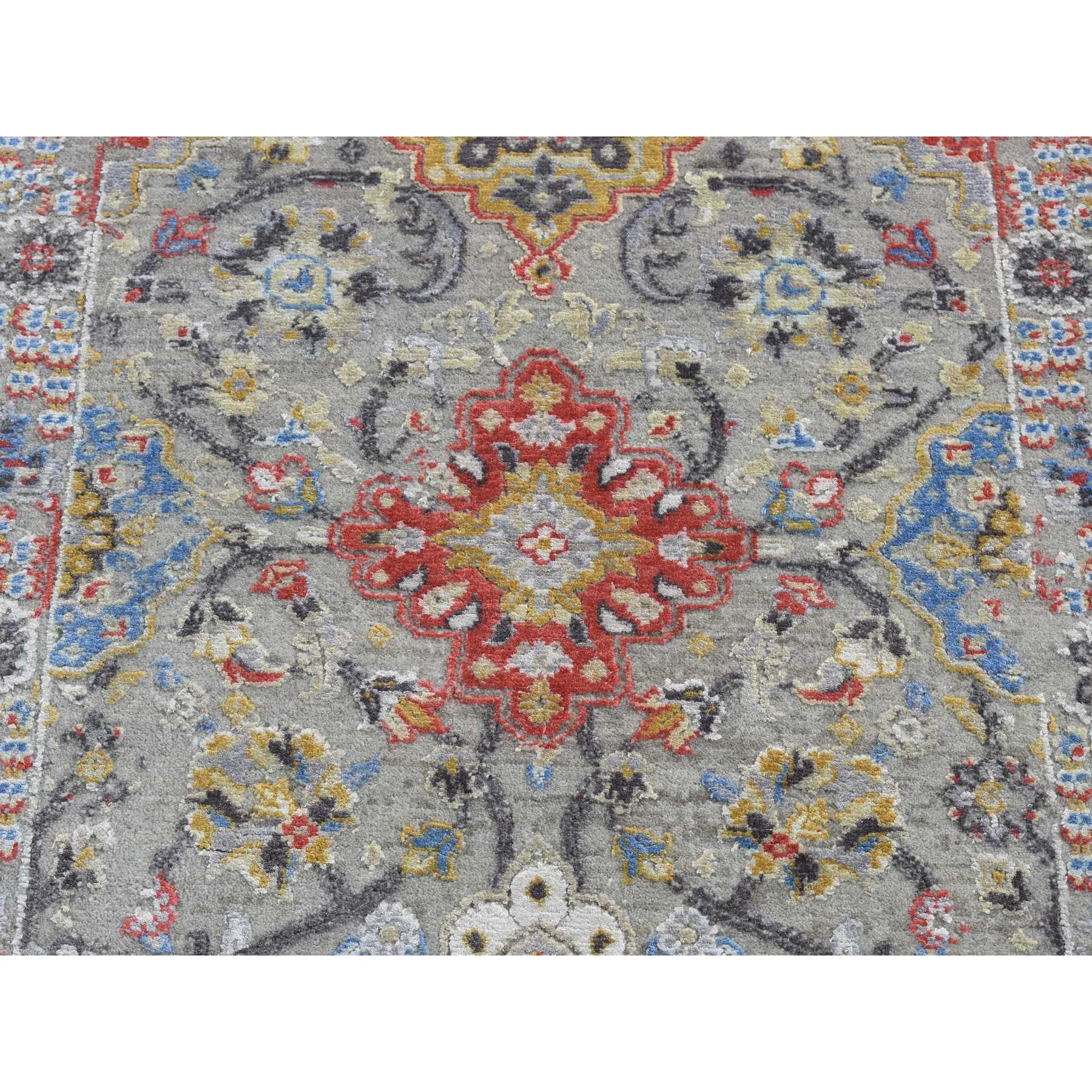 2'6"x10' Medium Gray, THE SUNSET ROSETTES, Pure Silk and Wool, Hand Knotted, Runner Oriental Rug HR87285 - Image 4