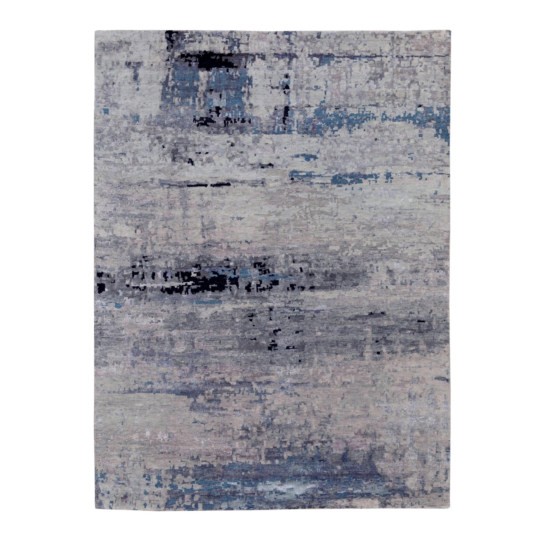 6'3"x8'10" Abstract Design Modern Silver- Blue Hand Knotted Wool & Silk Hi-Low Pile Oriental Rug HR58481