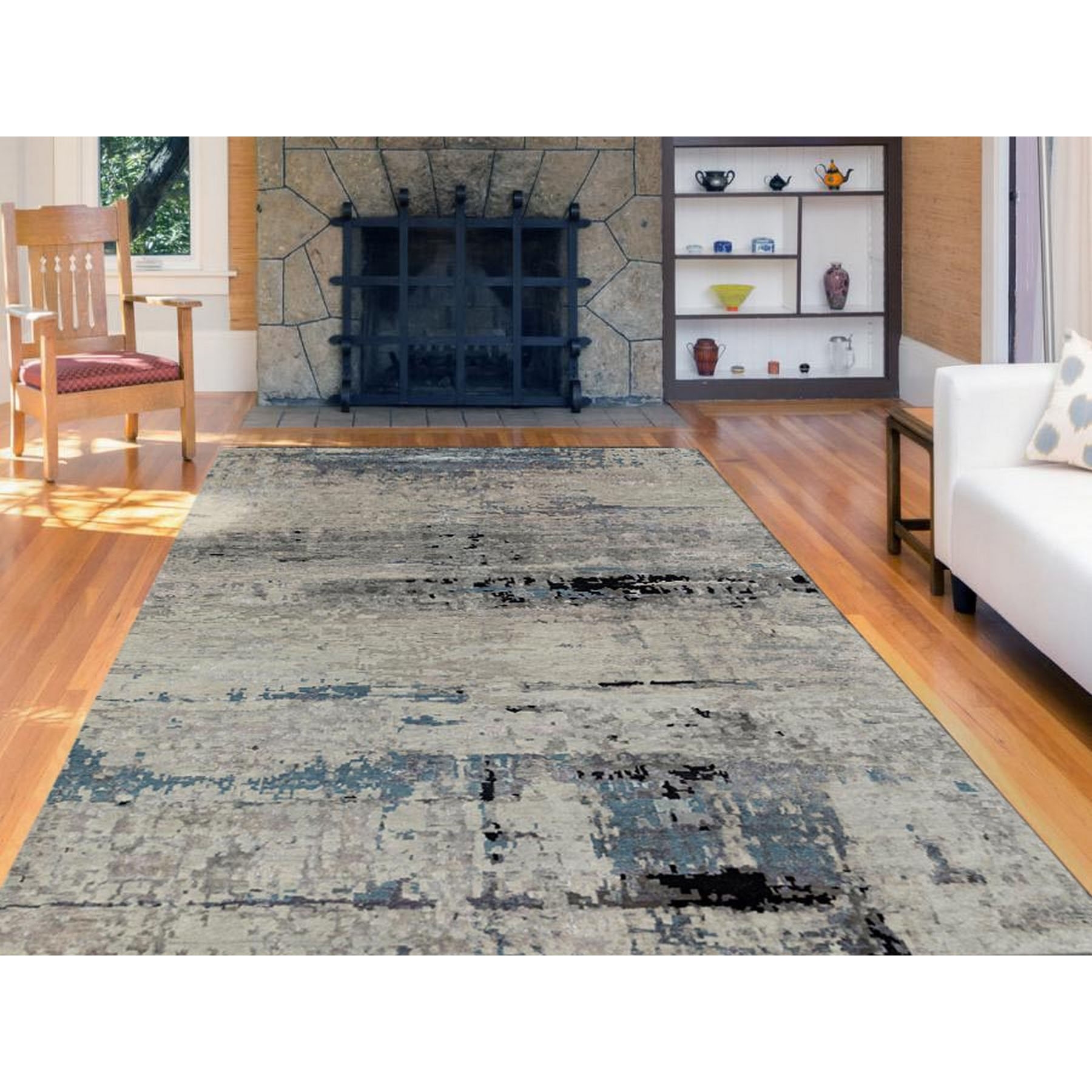 6'3"x8'10" Abstract Design Modern Silver- Blue Hand Knotted Wool & Silk Hi-Low Pile Oriental Rug HR58481 - Image 2
