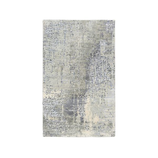 3'x5' Abstract with Mosaic Design Taupe Wool and Silk Hand Knotted Persian Knot Oriental Rug HR62686