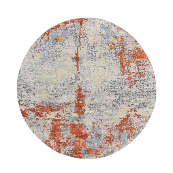 5'10"x5'10" Cream-Rust, Abstract With Fire Mosaic Design, Wool And Silk Hand Knotted, Round Persian Knot Oriental Rug HR64487