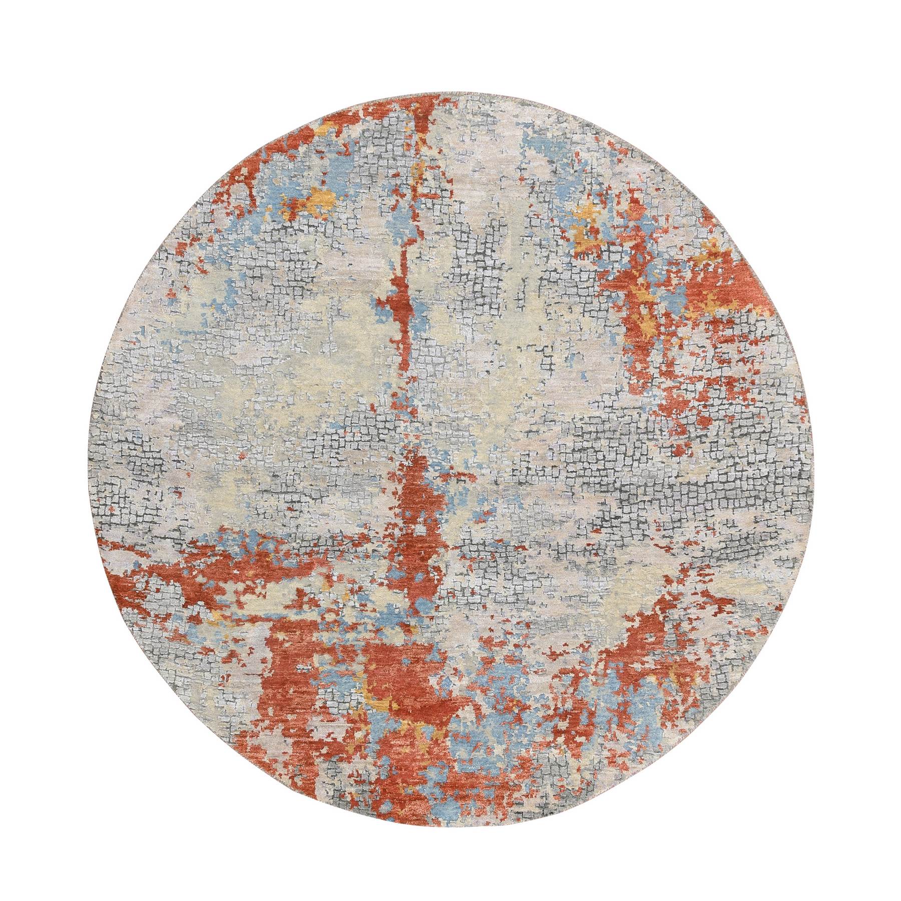 5'10"x5'10" Cream-Rust, Abstract With Fire Mosaic Design, Wool And Silk Hand Knotted, Round Persian Knot Oriental Rug HR64487