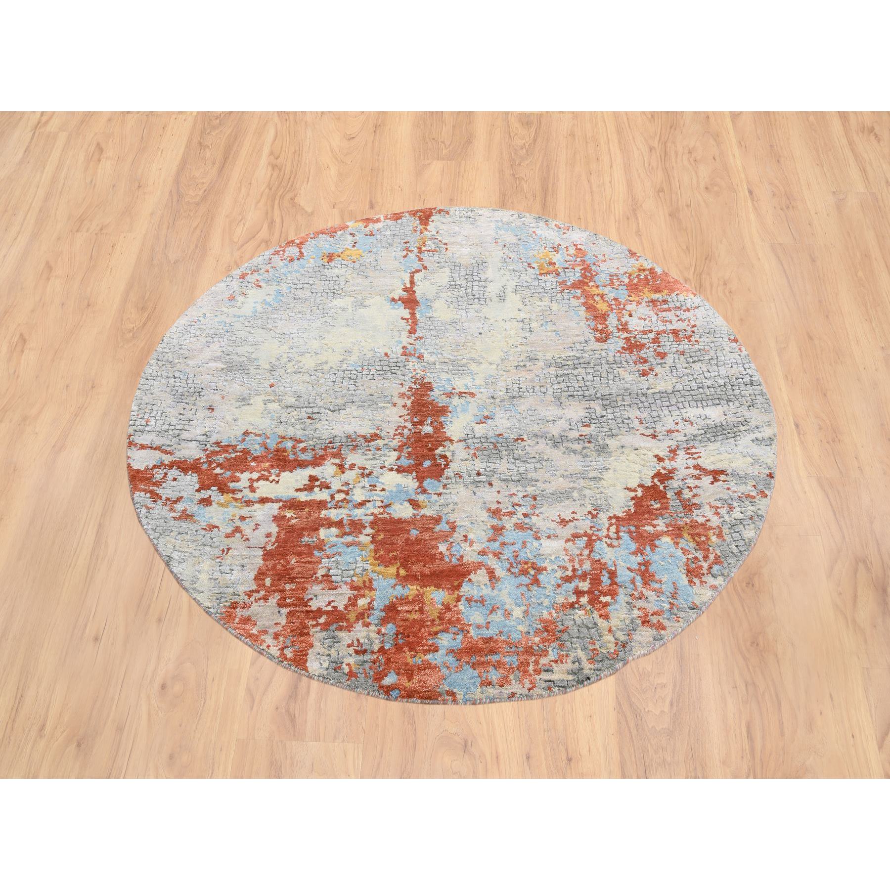 5'10"x5'10" Cream-Rust, Abstract With Fire Mosaic Design, Wool And Silk Hand Knotted, Round Persian Knot Oriental Rug HR64487 - Image 2