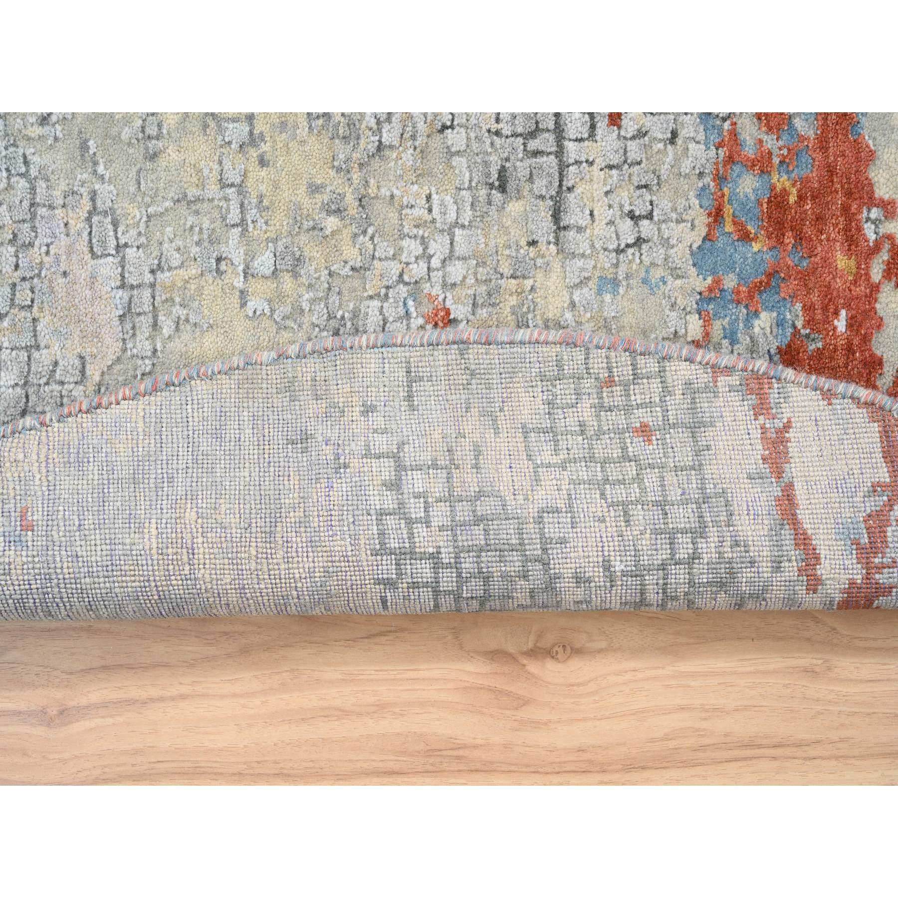 5'10"x5'10" Cream-Rust, Abstract With Fire Mosaic Design, Wool And Silk Hand Knotted, Round Persian Knot Oriental Rug HR64487 - Image 3