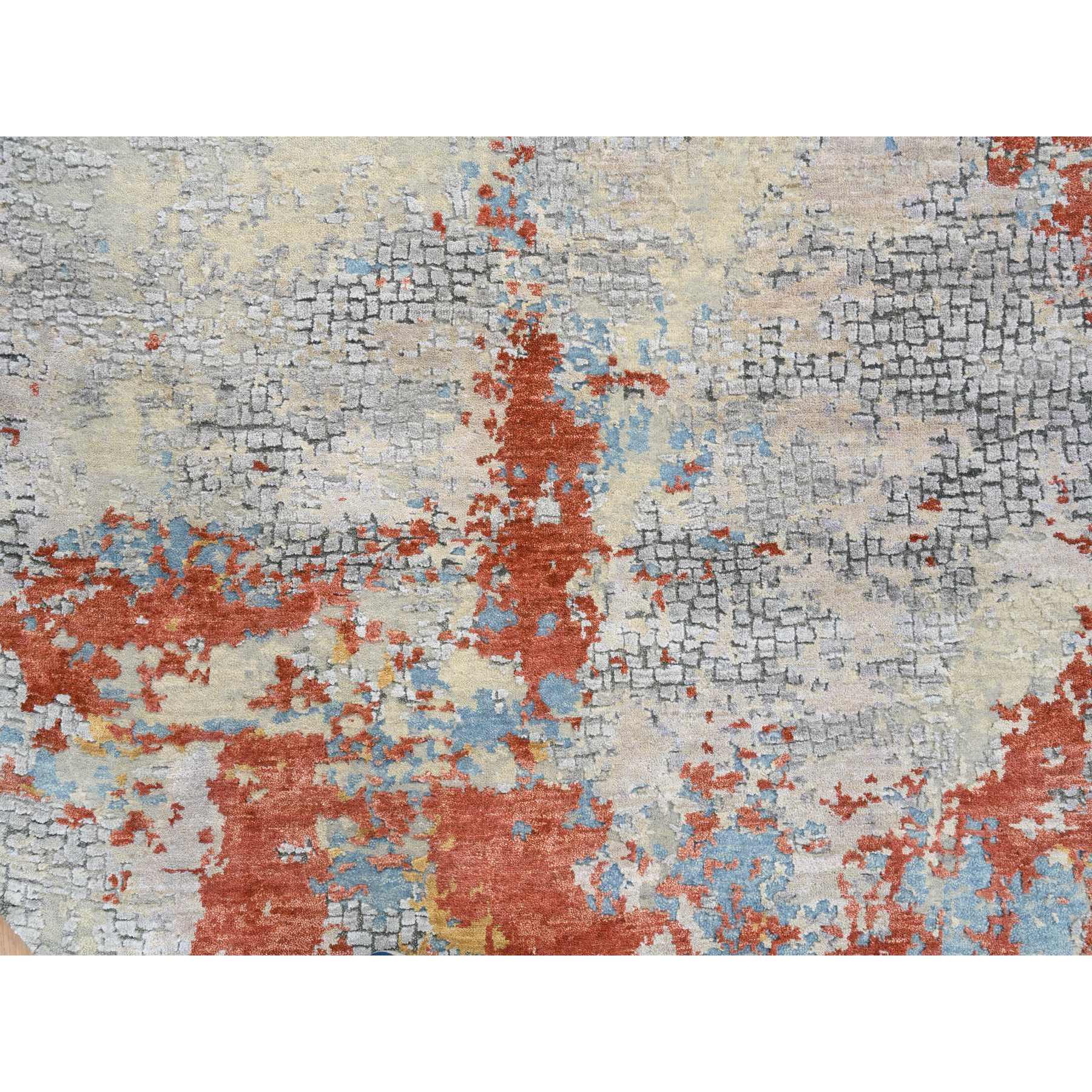 5'10"x5'10" Cream-Rust, Abstract With Fire Mosaic Design, Wool And Silk Hand Knotted, Round Persian Knot Oriental Rug HR64487 - Image 5