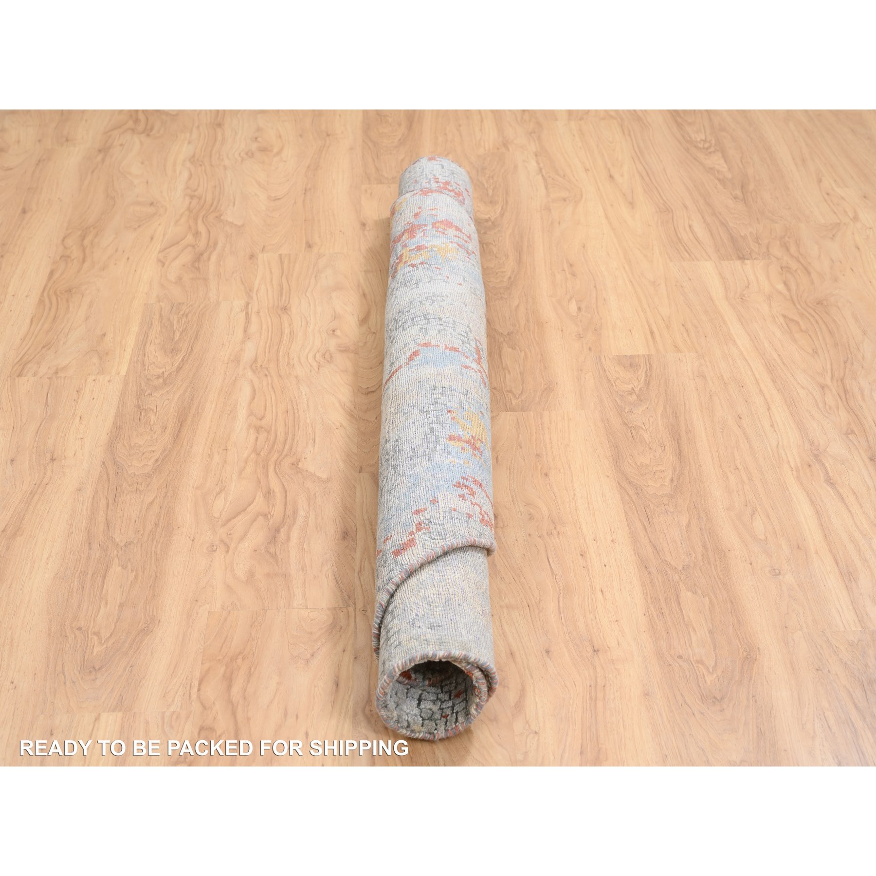 5'10"x5'10" Cream-Rust, Abstract With Fire Mosaic Design, Wool And Silk Hand Knotted, Round Persian Knot Oriental Rug HR64487 - Image 6