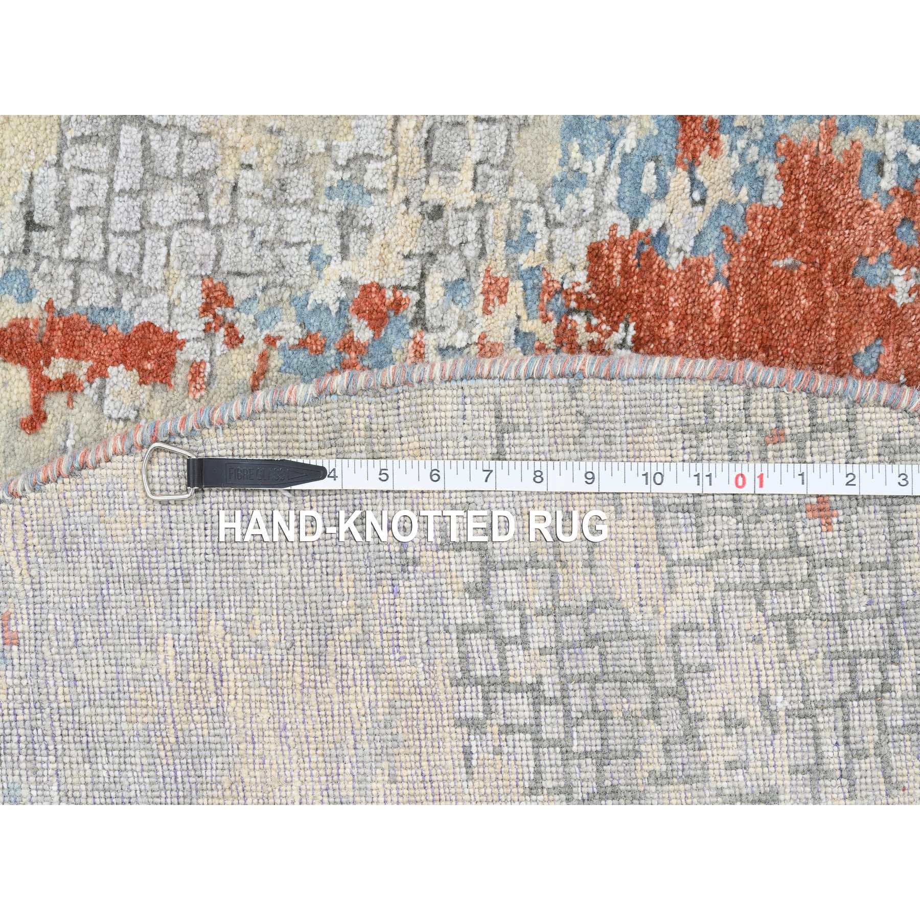 5'10"x5'10" Cream-Rust, Abstract With Fire Mosaic Design, Wool And Silk Hand Knotted, Round Persian Knot Oriental Rug HR64487 - Image 8
