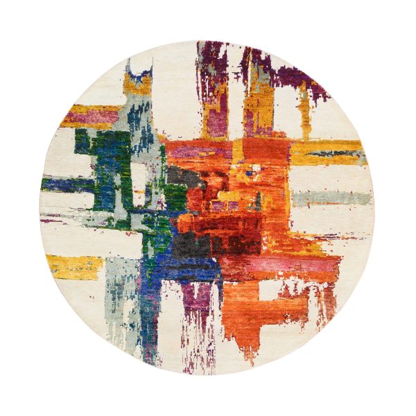 5'x5' Colorful, Modern Abstract Motifs with Painter's Brush Strokes, Wool and Sari Silk Hand Knotted, Round Oriental Rug HR64906