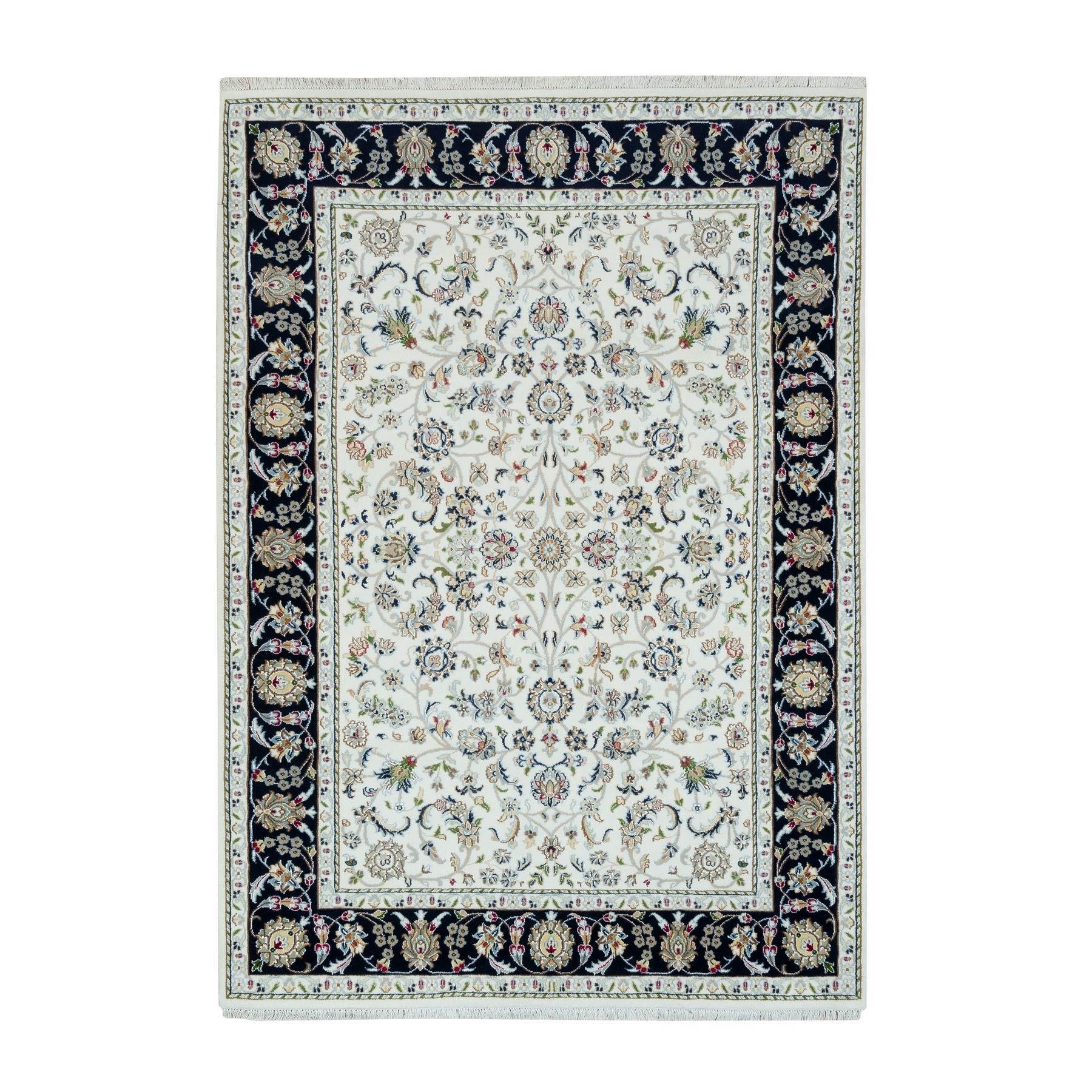 5'x7' Powder White, Nain with All Over Flower Design, 250 KPSI, Soft Wool, Hand Knotted, Oriental Rug HR65972