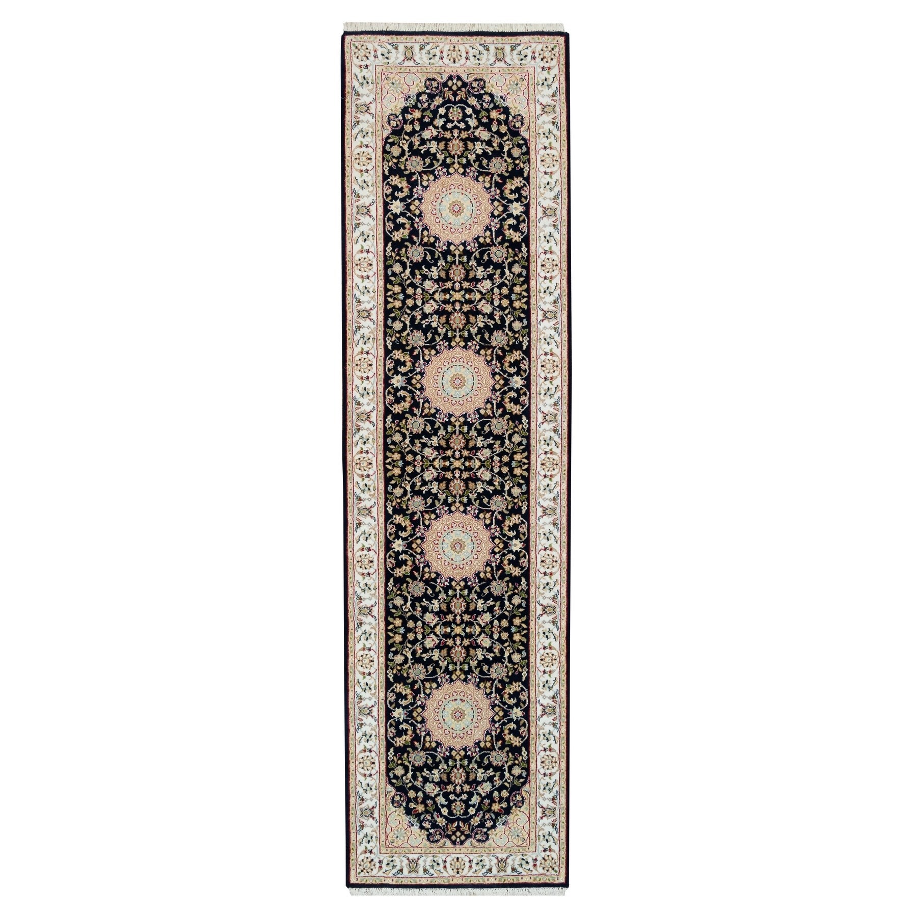 2'7"x10' Midnight Blue, Nain with Center Medallion Flower Design, 250 KPSI, Soft Wool, Hand Knotted, Runner Oriental Rug HR65984