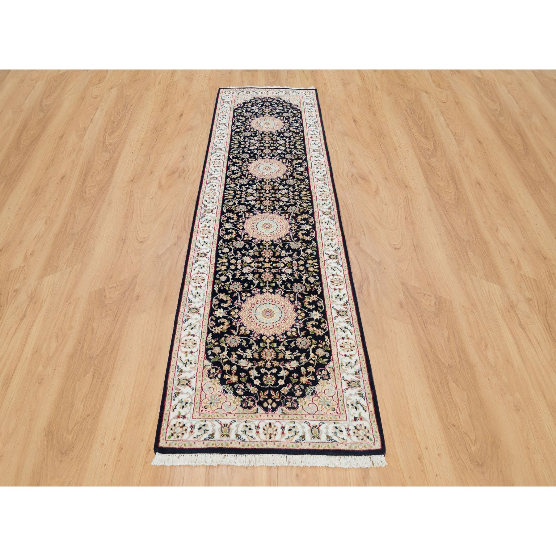 2'7"x10' Midnight Blue, Nain with Center Medallion Flower Design, 250 KPSI, Soft Wool, Hand Knotted, Runner Oriental Rug HR65984 - Image 2