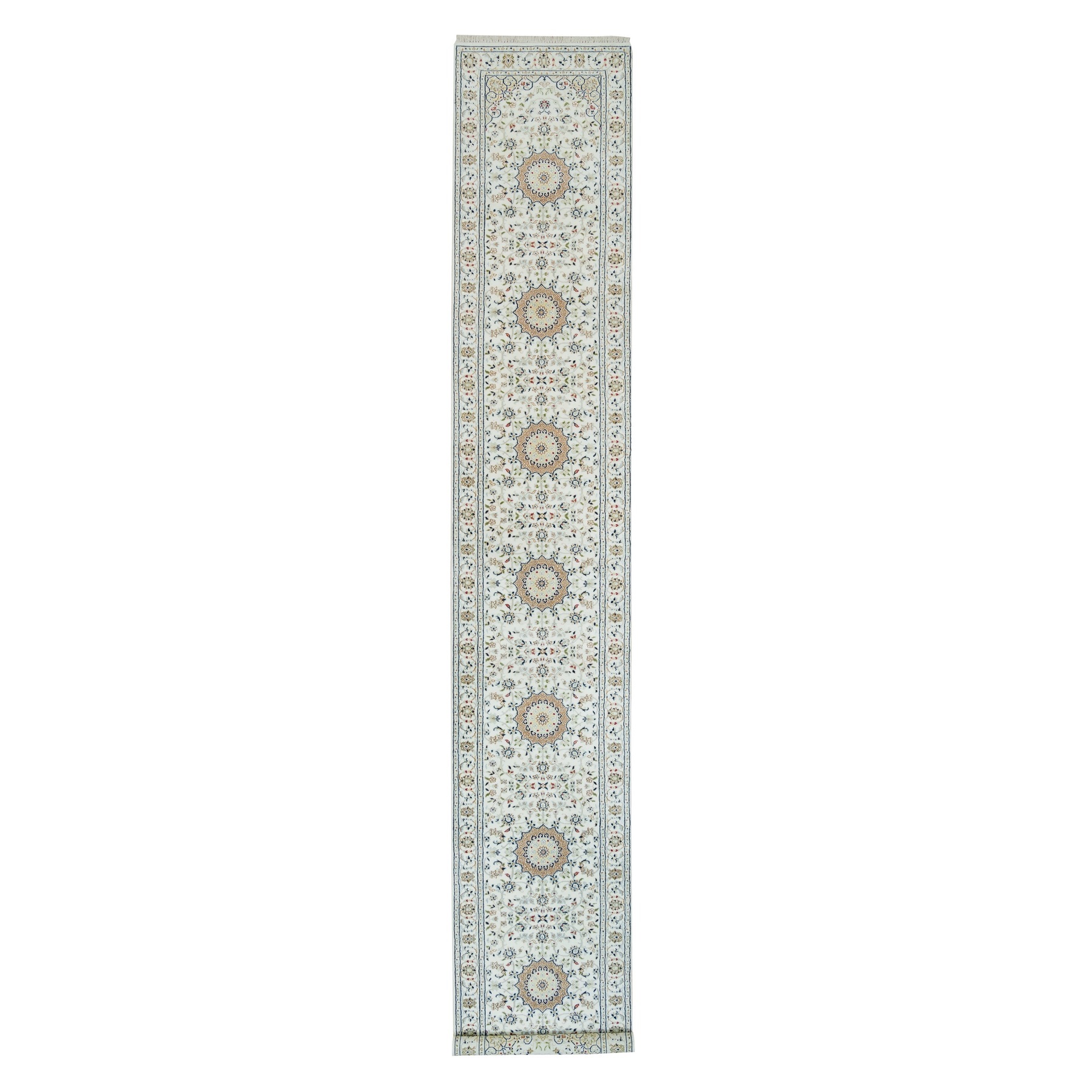 2'8"x16'7" Powder White, 250 KPSI, Pure Wool, Hand Knotted, Nain with All Over Flower Design, XL Runner Oriental Rug HR65993