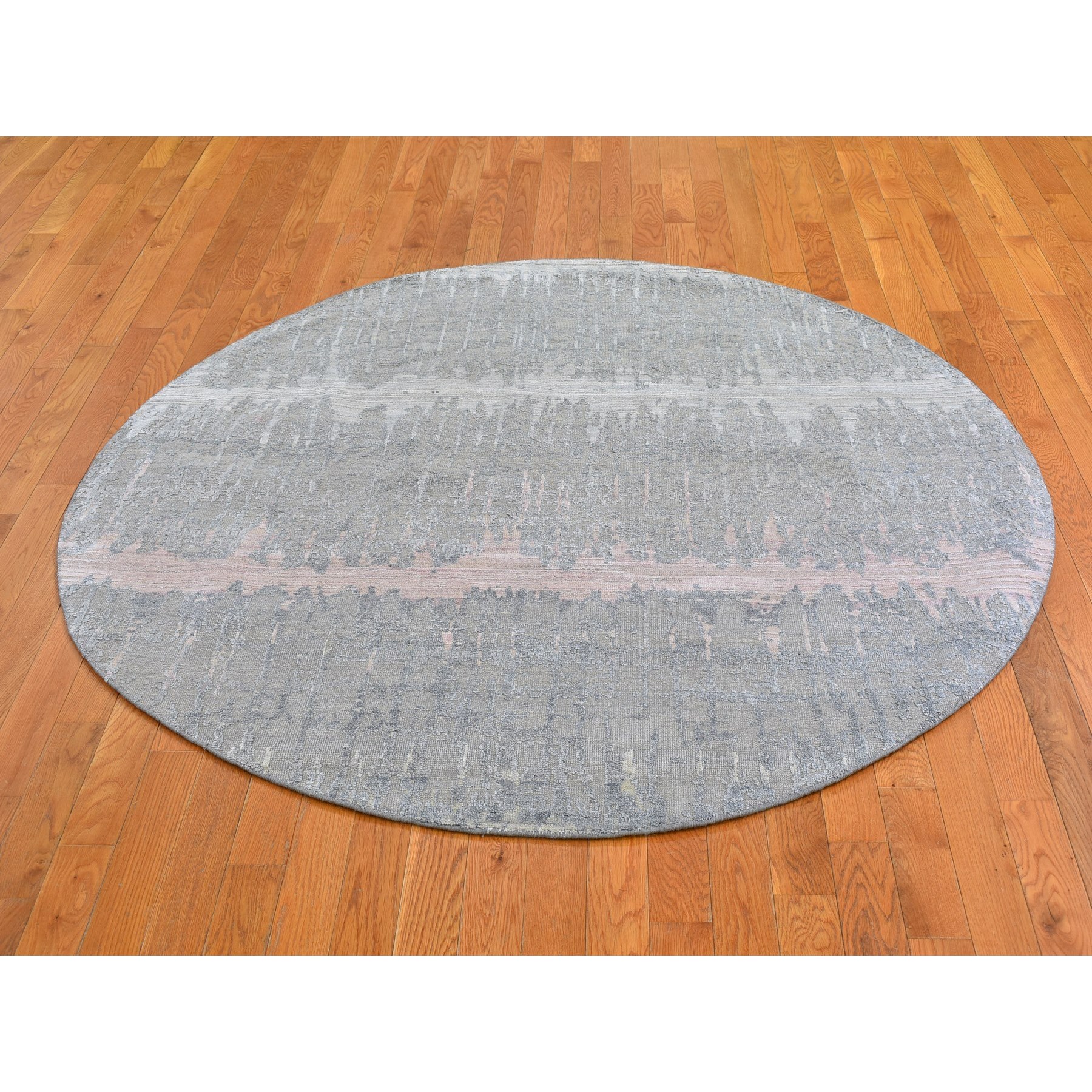 6'x6' Hand Knotted Cardiac Design with Pastel Colors Textured Wool and Pure Silk Round Oriental Rug HR66707 - Image 2
