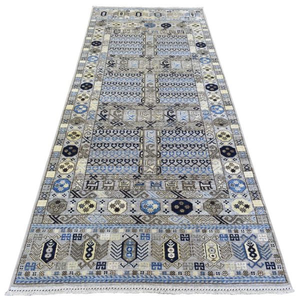 4'x9'9" Cloud Gray, Soft Wool Hand Knotted, Afghan Ersari with Hutchlu Design, Soft and Lush Pile Vegetable Dyes, Wide Runner Oriental Rug HR73007