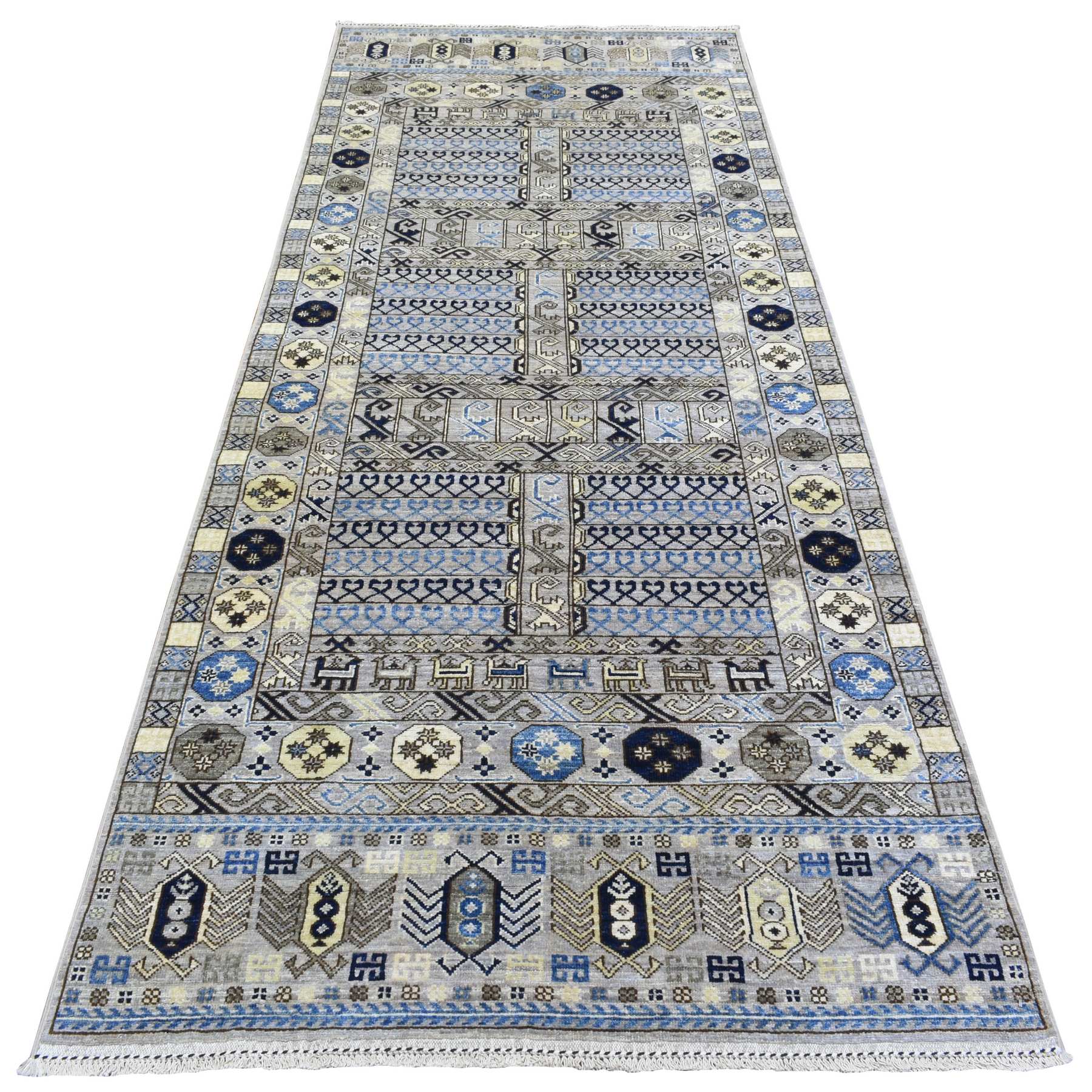 4'x9'9" Cloud Gray, Soft Wool Hand Knotted, Afghan Ersari with Hutchlu Design, Soft and Lush Pile Vegetable Dyes, Wide Runner Oriental Rug HR73007