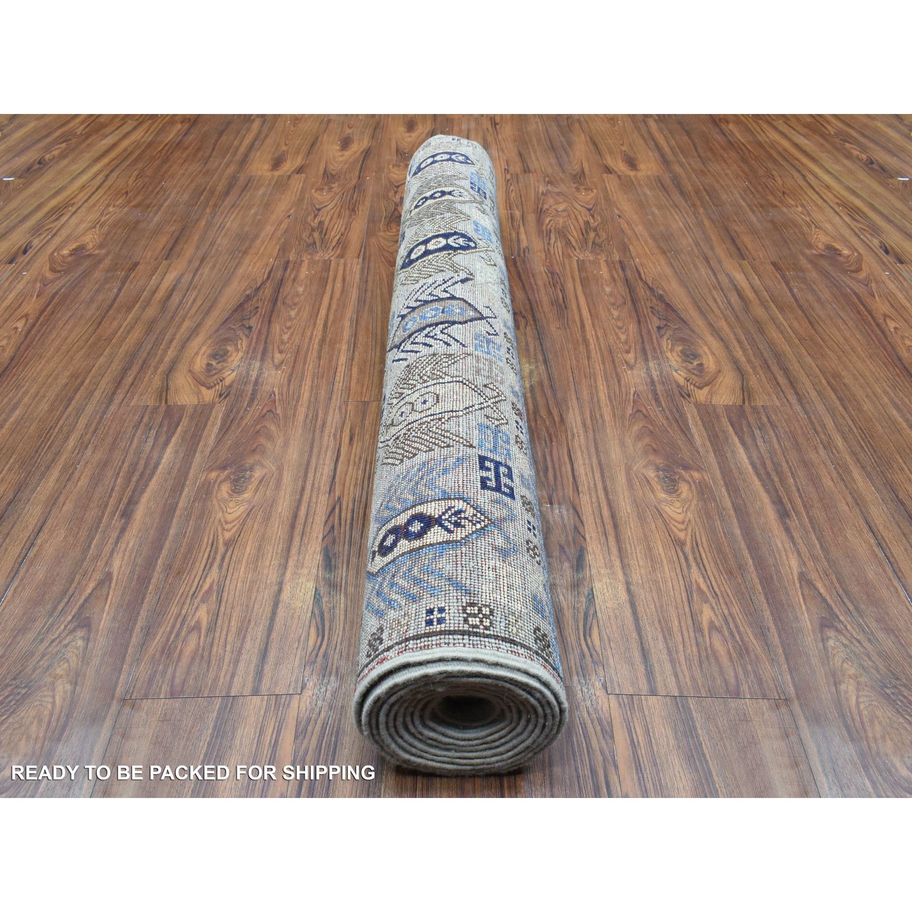 4'x9'9" Cloud Gray, Soft Wool Hand Knotted, Afghan Ersari with Hutchlu Design, Soft and Lush Pile Vegetable Dyes, Wide Runner Oriental Rug HR73007 - Image 4