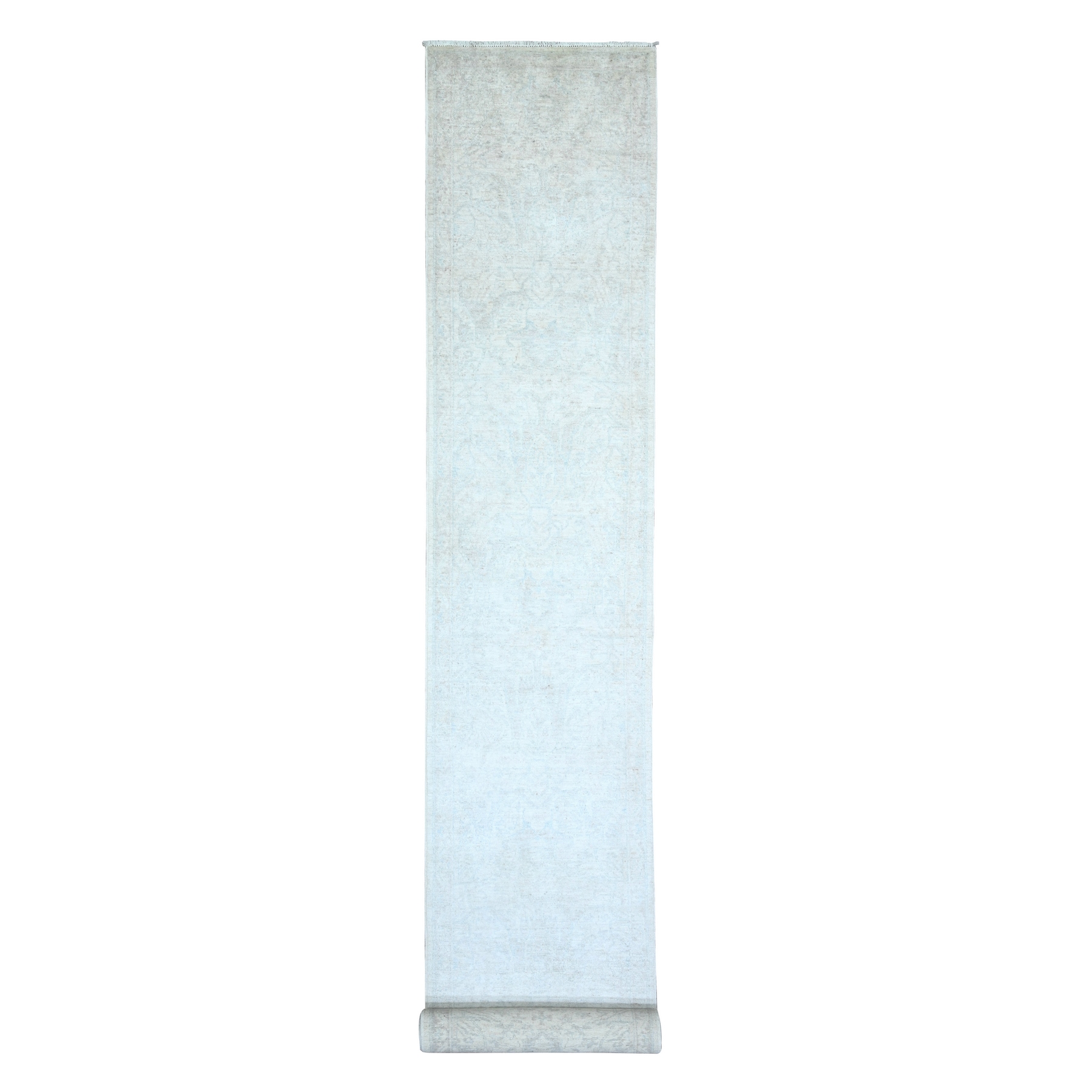 2'7"x19'1" Alabaster Ivory with Gray Cloud, White Wash Peshawar Faded Design, Soft and Shiny Wool, Vegetable Dyes, Hand Knotted, XL Runner Oriental Rug HR74777