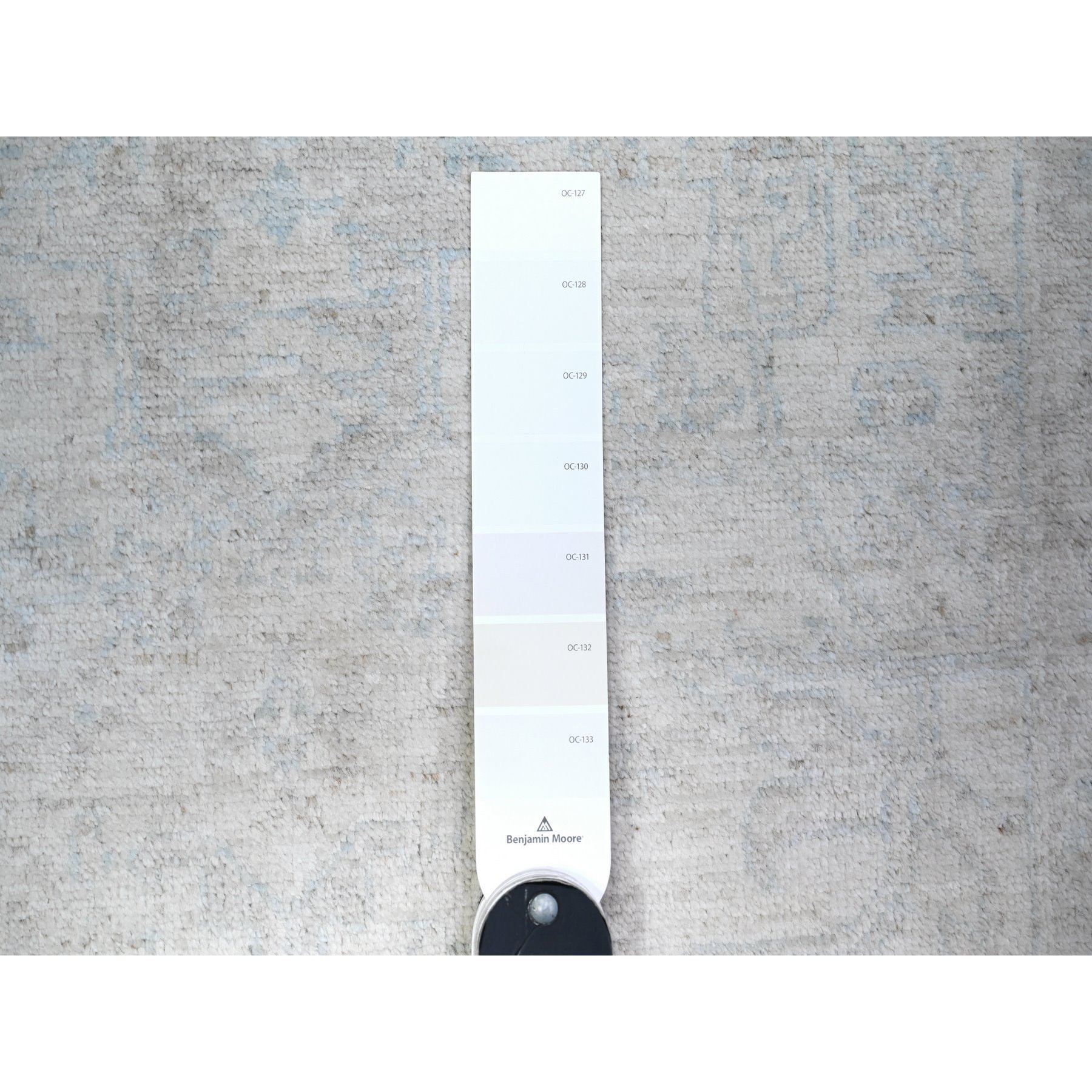 2'7"x19'1" Alabaster Ivory with Gray Cloud, White Wash Peshawar Faded Design, Soft and Shiny Wool, Vegetable Dyes, Hand Knotted, XL Runner Oriental Rug HR74777 - Image 3