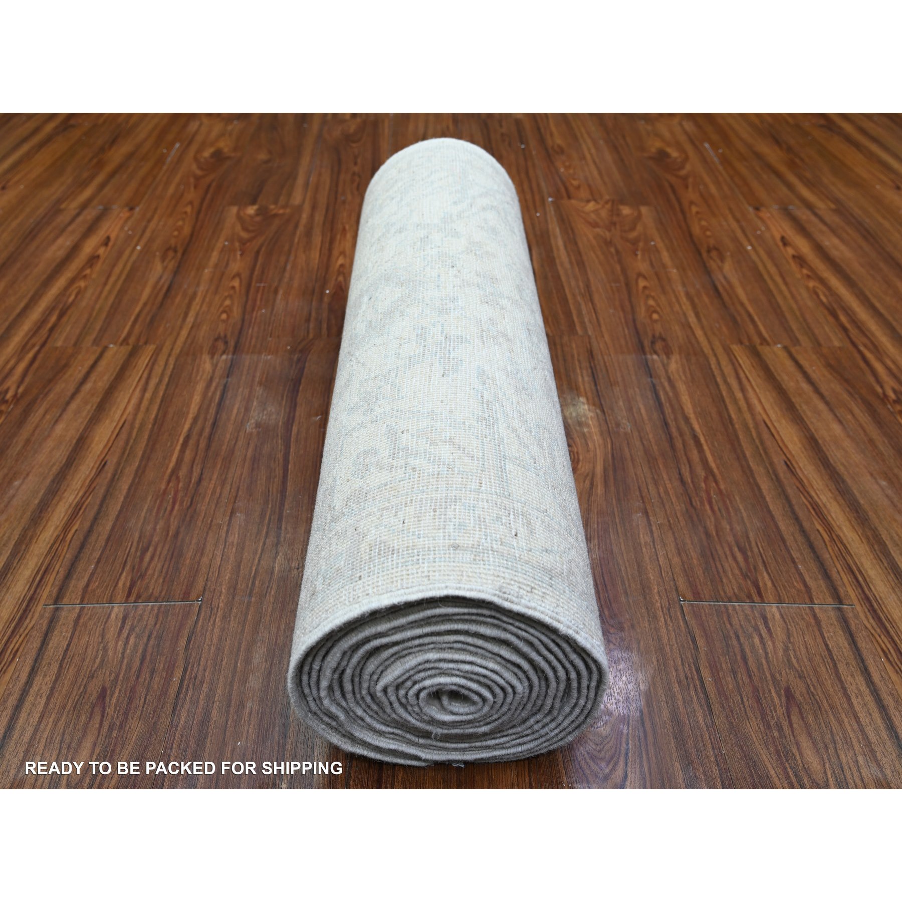 2'7"x19'1" Alabaster Ivory with Gray Cloud, White Wash Peshawar Faded Design, Soft and Shiny Wool, Vegetable Dyes, Hand Knotted, XL Runner Oriental Rug HR74777 - Image 4