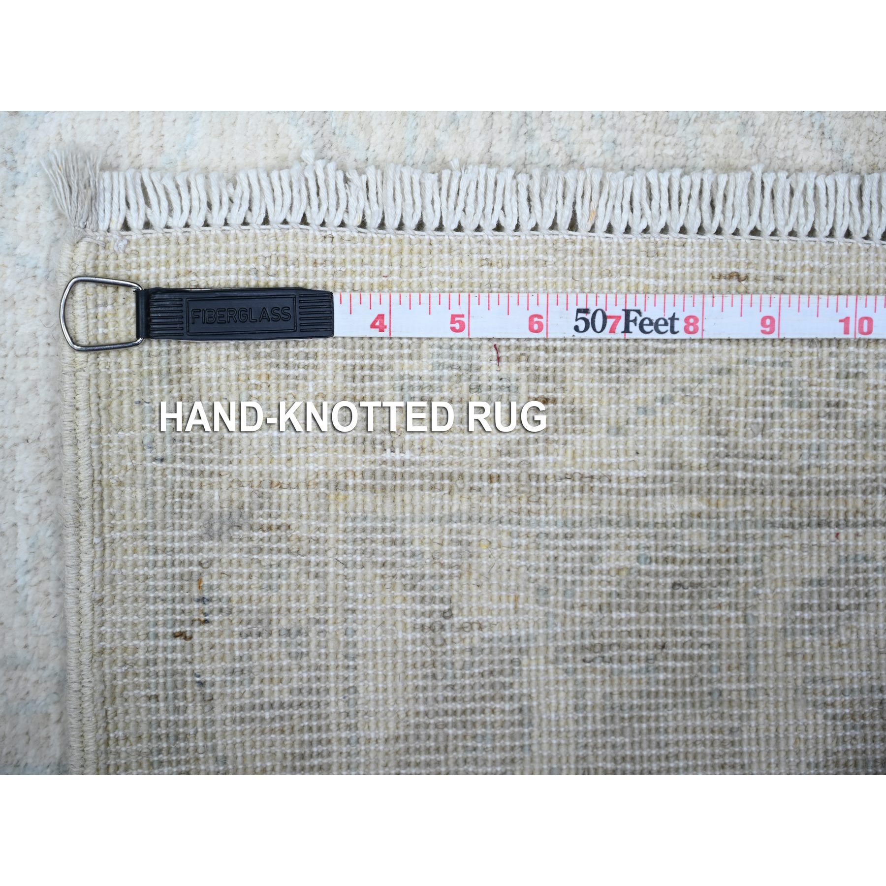2'7"x19'1" Alabaster Ivory with Gray Cloud, White Wash Peshawar Faded Design, Soft and Shiny Wool, Vegetable Dyes, Hand Knotted, XL Runner Oriental Rug HR74777 - Image 6