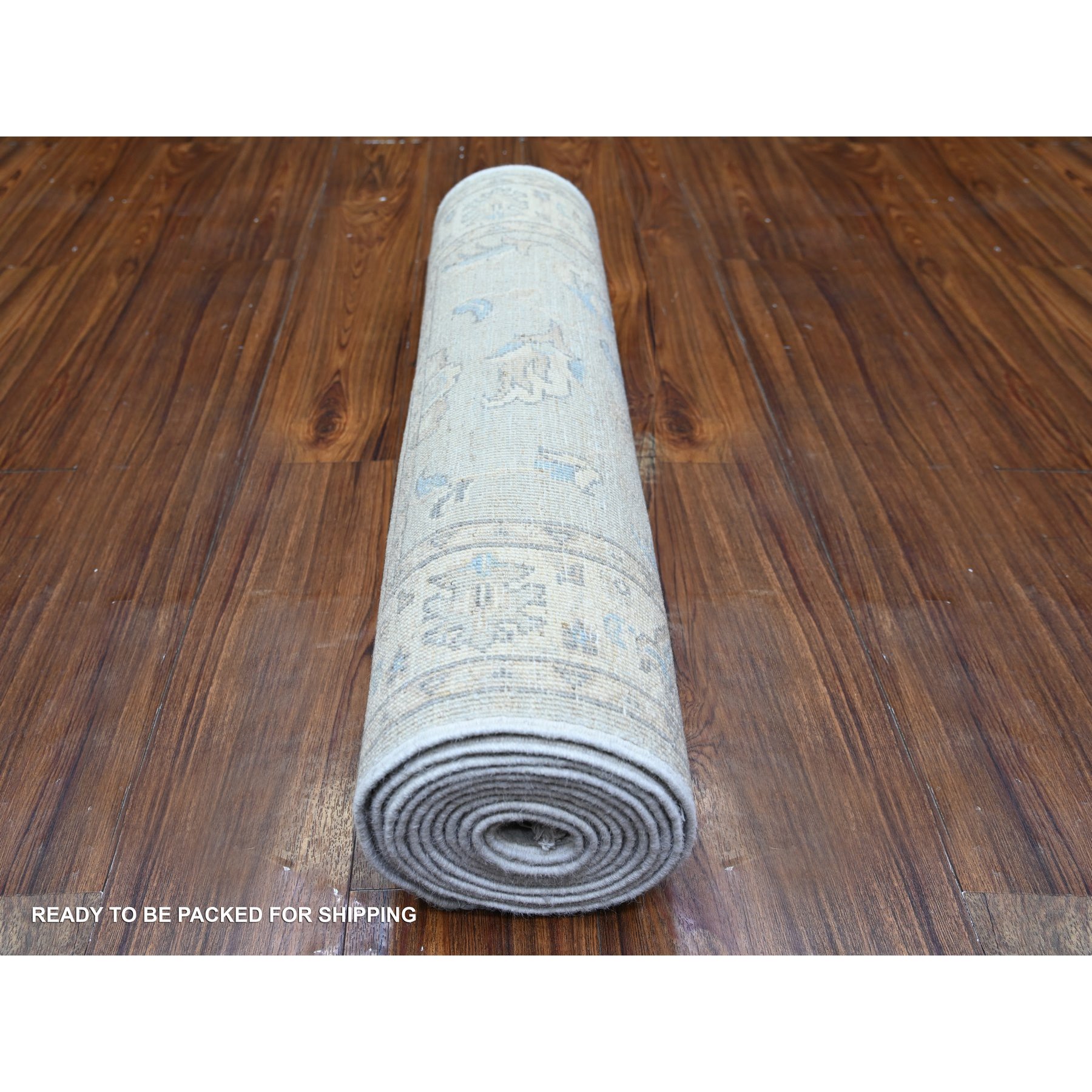2'8"x12'2" Ice Gray, Vegetable Dyes, Peshawar Washed Out Faded Designs, Organic Wool, Hand Knotted, Runner Oriental Rug HR74778 - Image 4