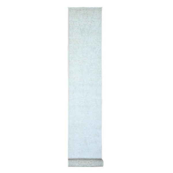2'6"x19'2" Old Wood Ivory and Gray Goose, White Wash Peshawar with Faded Design, 100% Wool, Natural Dyes, Hand Knotted, XL Runner Oriental Rug HR74781